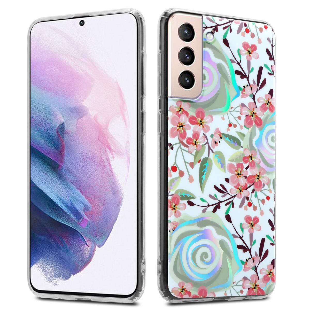 Un telefono con una custodia floreale. Il telefono ha un design floreale sul retro, con fiori rosa.