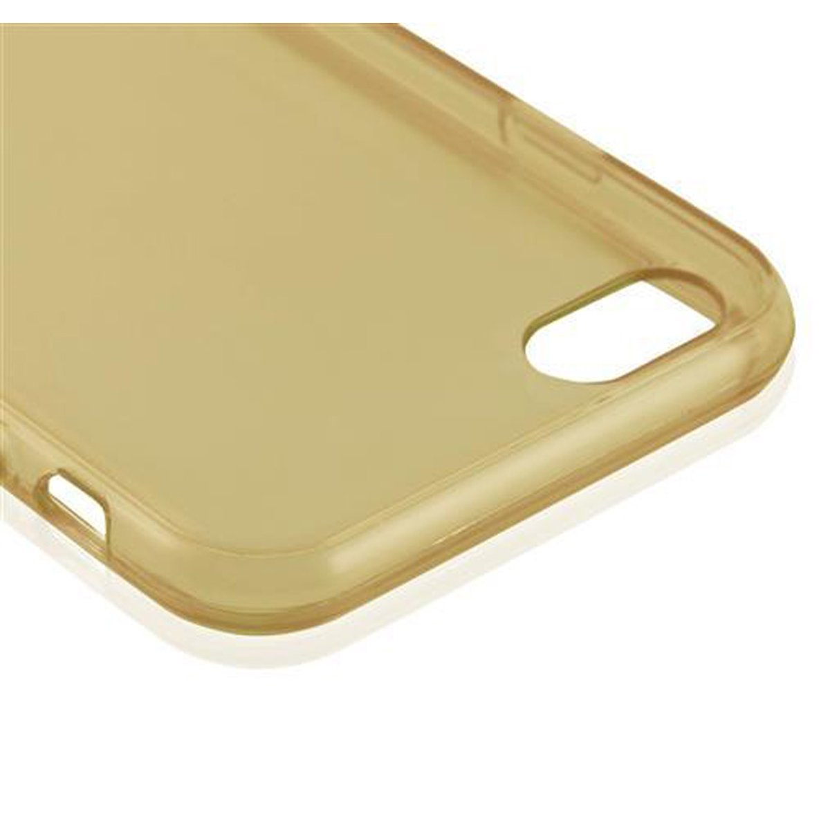 Nahaufnahme einer beigen Handyhülle mit einem iPhone.