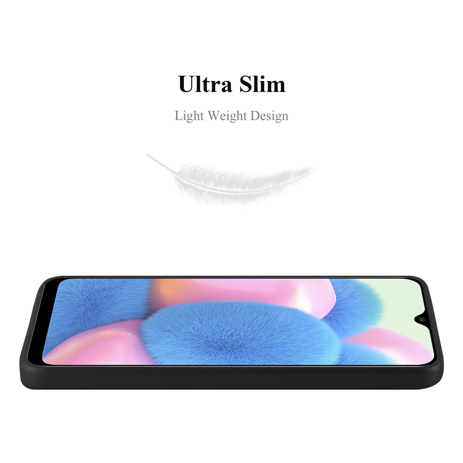 Custodia nera per telefono su sfondo bianco, il testo recita 'Ultra Slim, Light Weight Design' e una grafica di piuma.