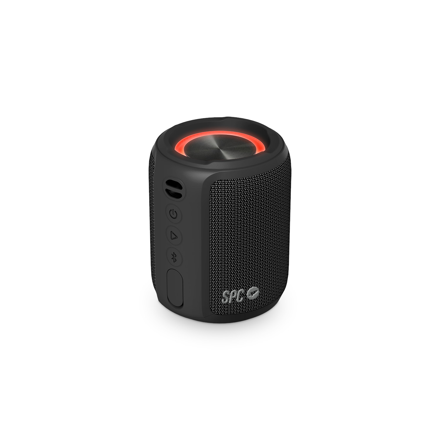 Altavoz SPC cilíndrico negro con una luz roja en la parte superior.