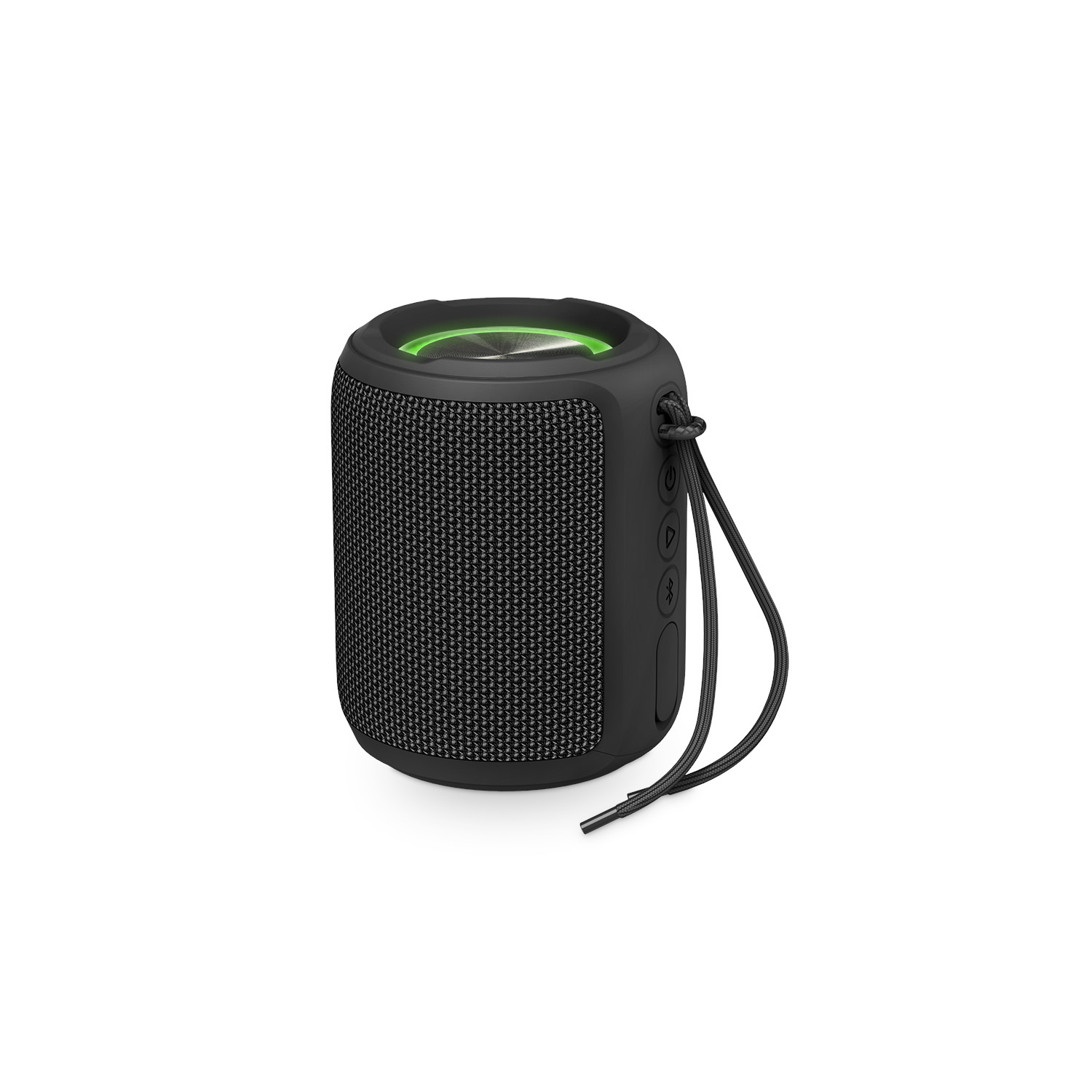 Altavoz portátil negro. Cuerpo de malla negra con parte superior verde. Correa negra adjunta.