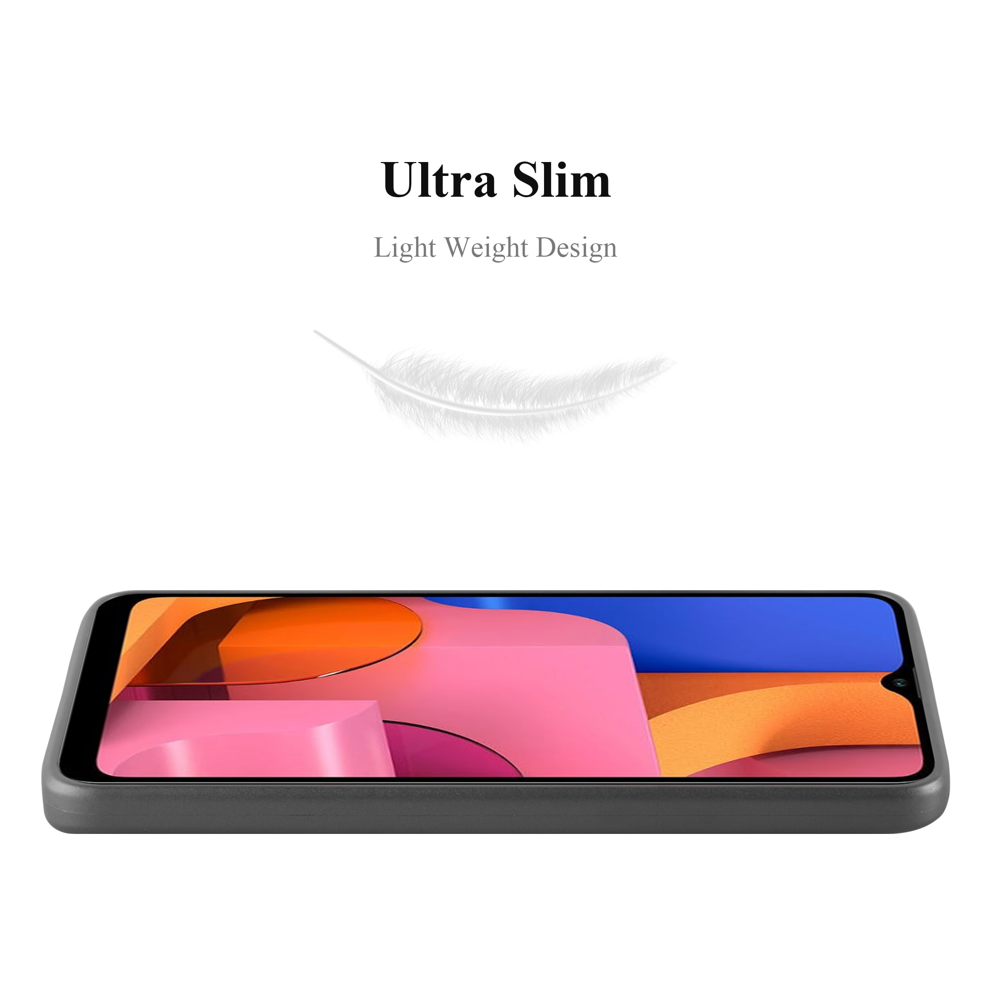 Custodia per telefono nera ultrasottile su sfondo bianco, con grafica di piuma.