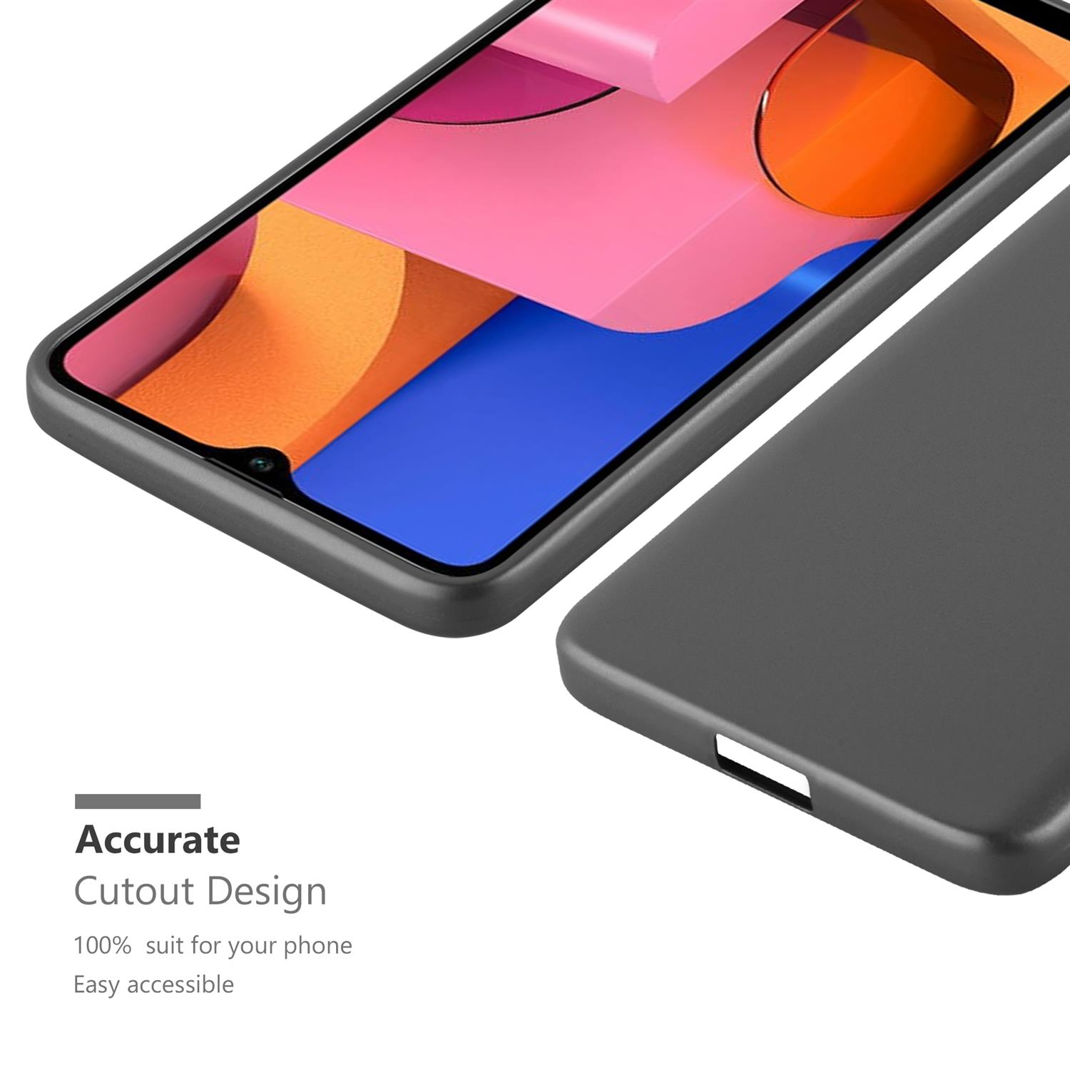 Custodia grigio scuro con telefono. Design con ritagli precisi e facilmente accessibile.