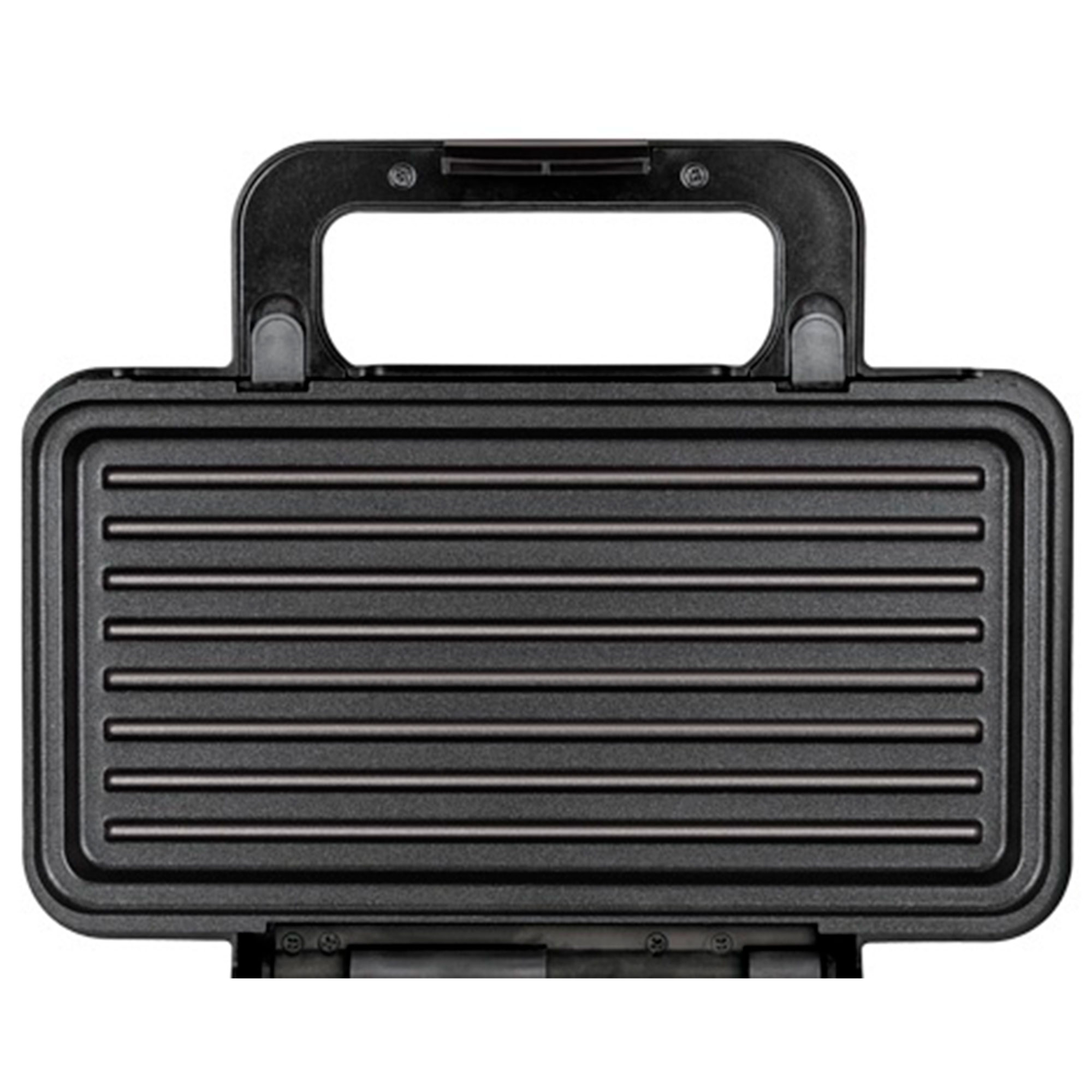 Czarny opiekacz do kanapek, widok z góry, z uchwytem i rowkami na kanapkę.