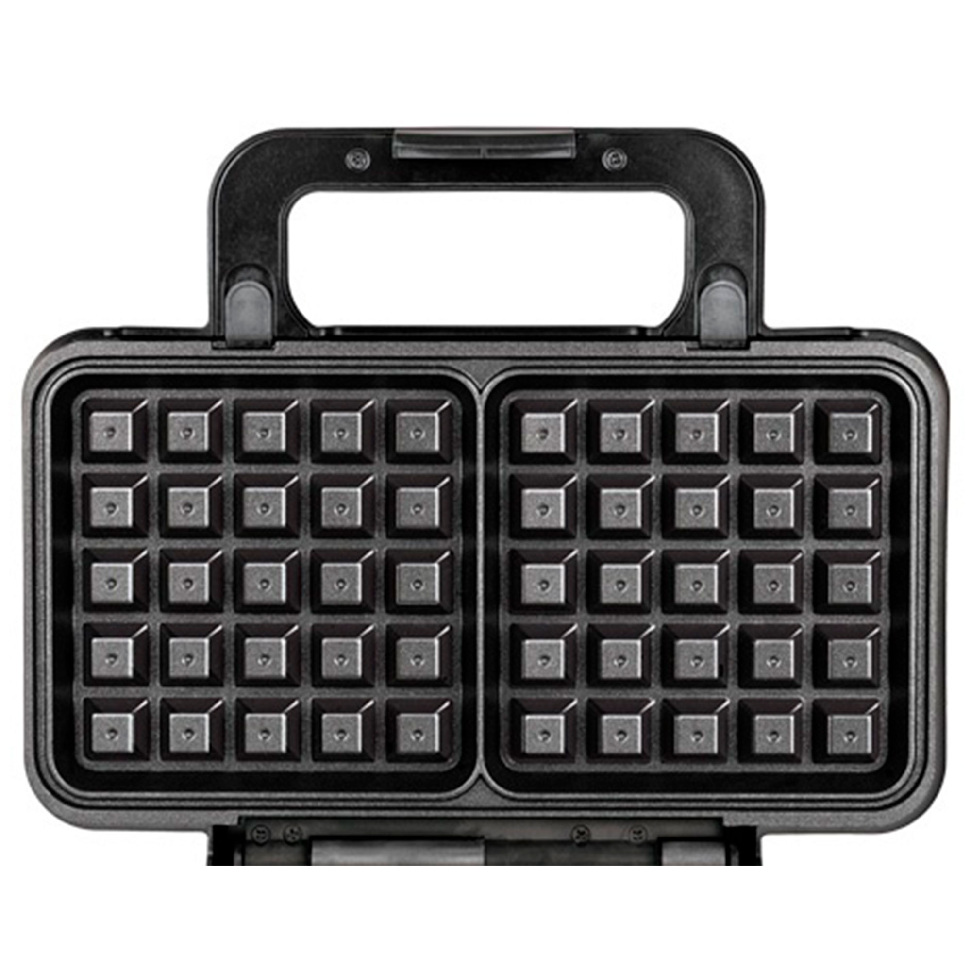 Czarny gofrownica, otwarta. Ma dwie płyty do gotowania z dużą ilością kwadratów.