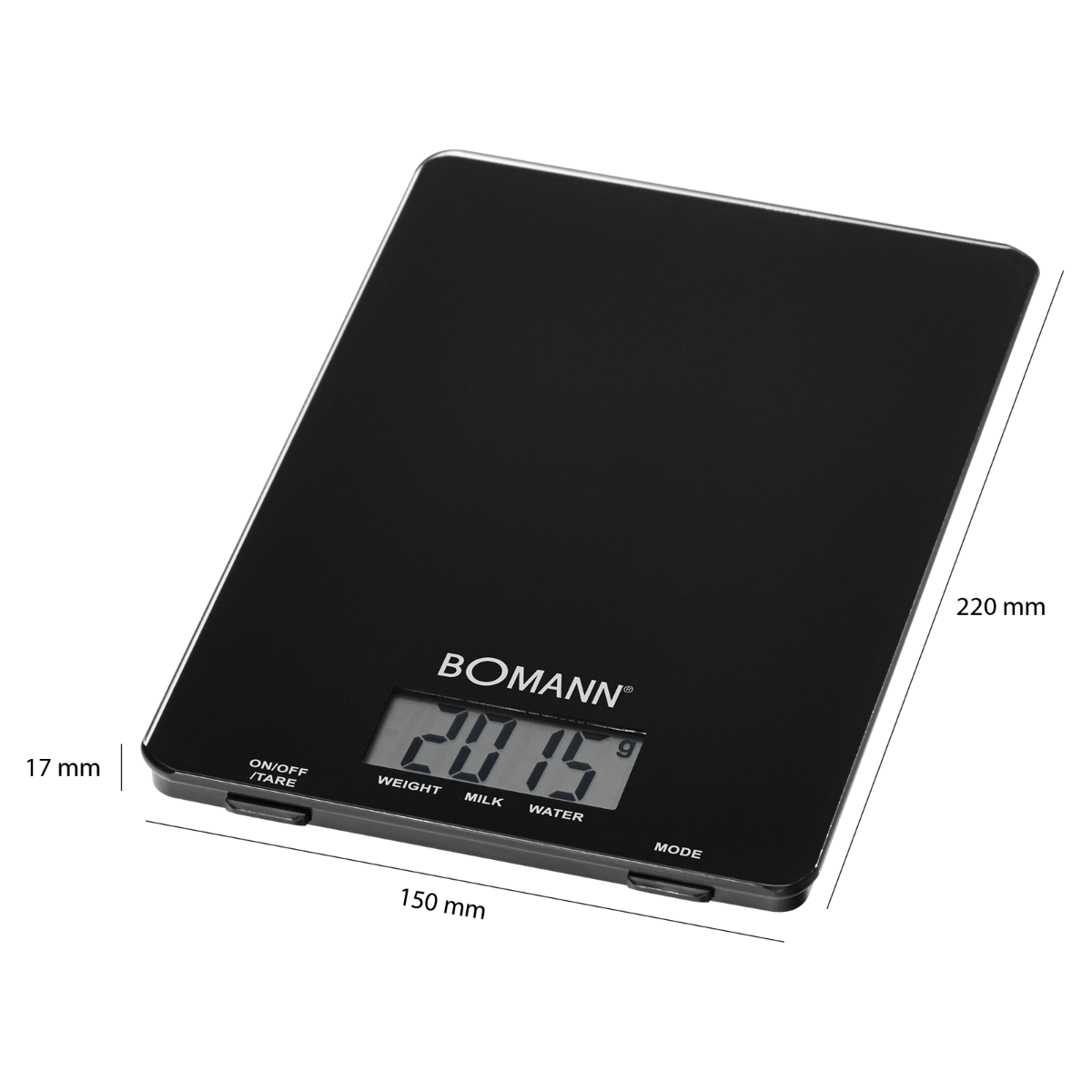 Czarna cyfrowa waga kuchenna wyświetlająca 201,5. Pokazuje opcje wagi, mleka i wody.