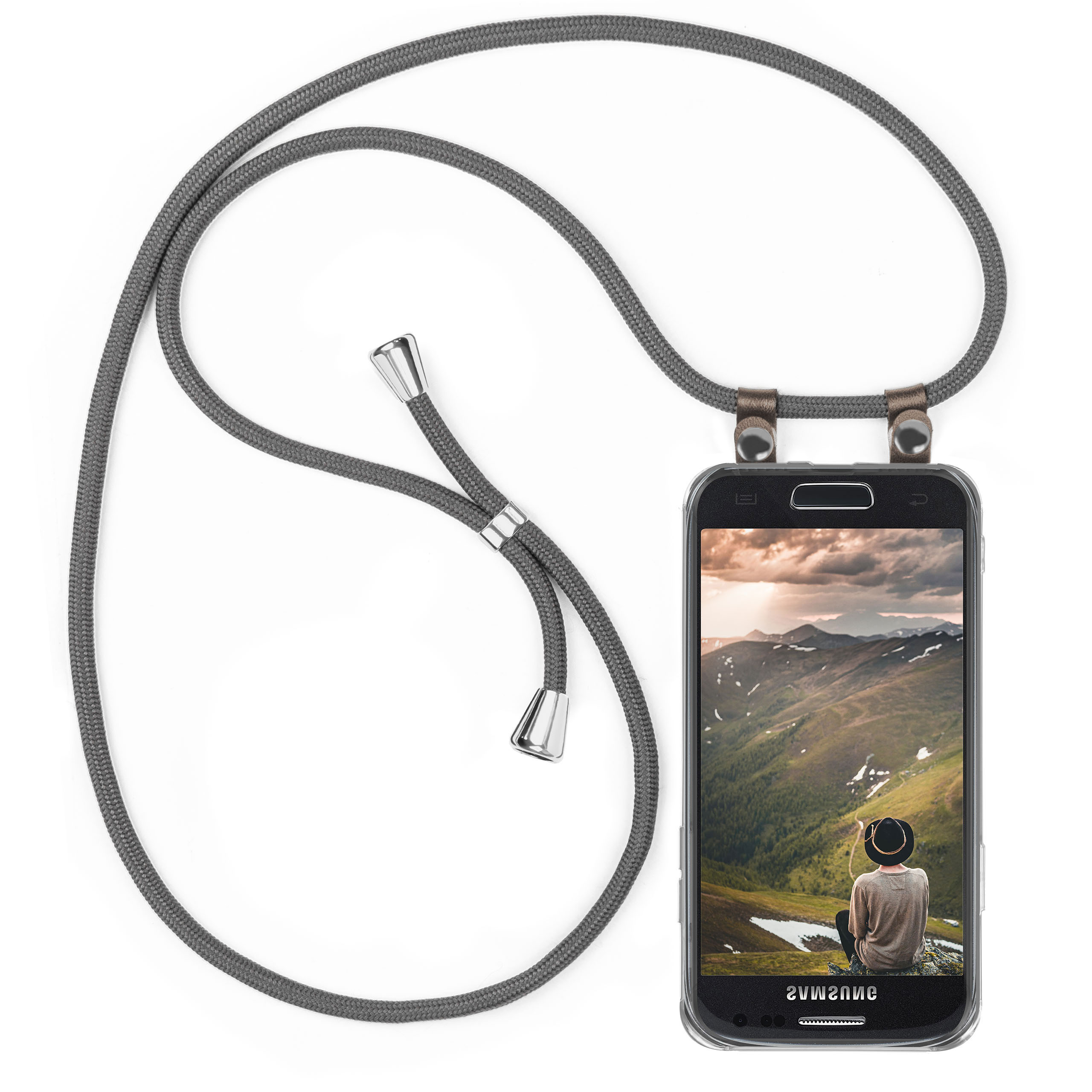 Telefon in klarer Hülle mit grauem Kabel. Das Telefon zeigt eine Landschaft.