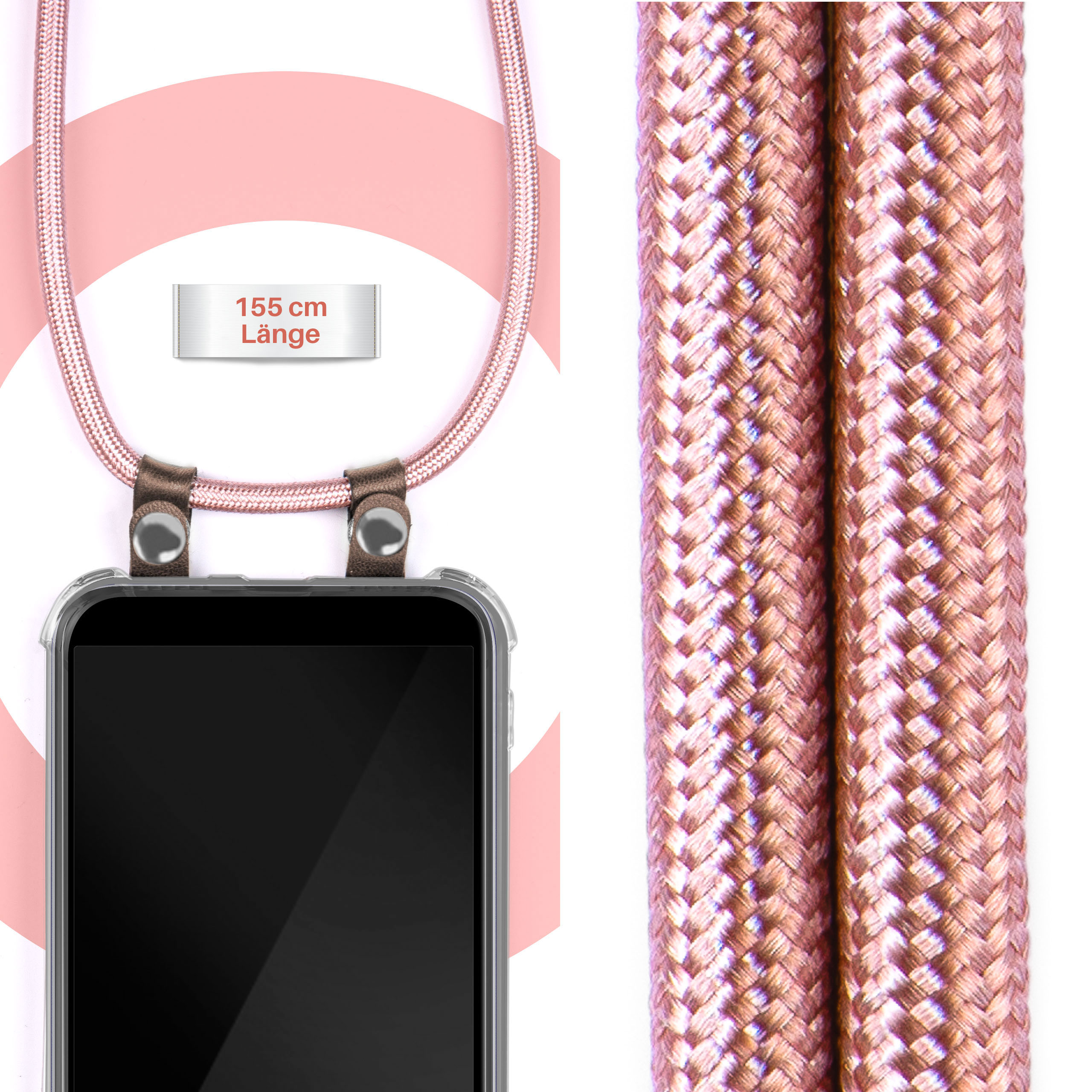Telefon mit Umhängeband, rosa Kordel. Weißer Hintergrund.
