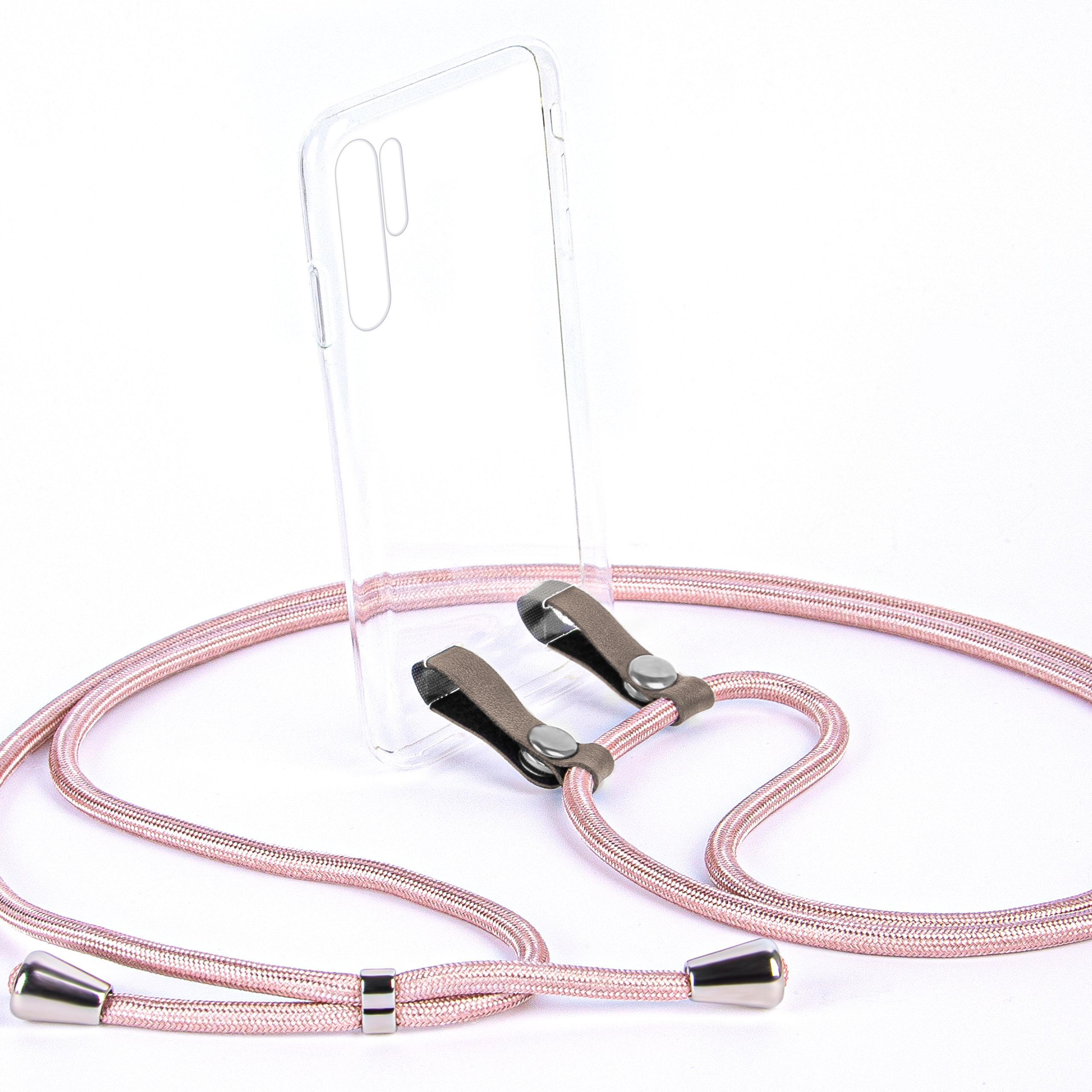 Durchsichtige Handyhülle mit rosa Kordel und Metallakzenten, auf weißer Oberfläche.
