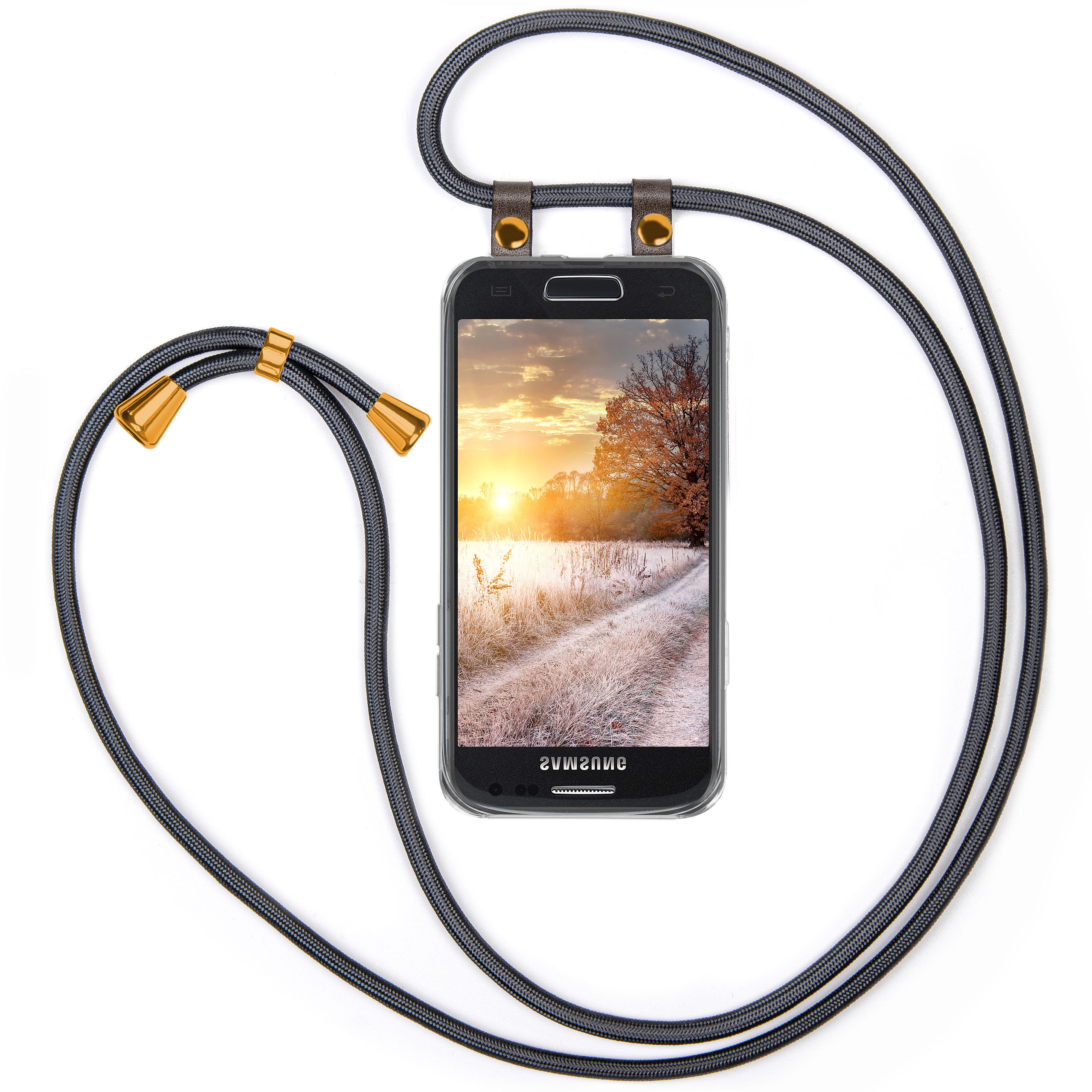 Smartphone mit schwarzem Gehäuse und Lanyard, das einen Sonnenuntergang über einem verschneiten Feld zeigt.