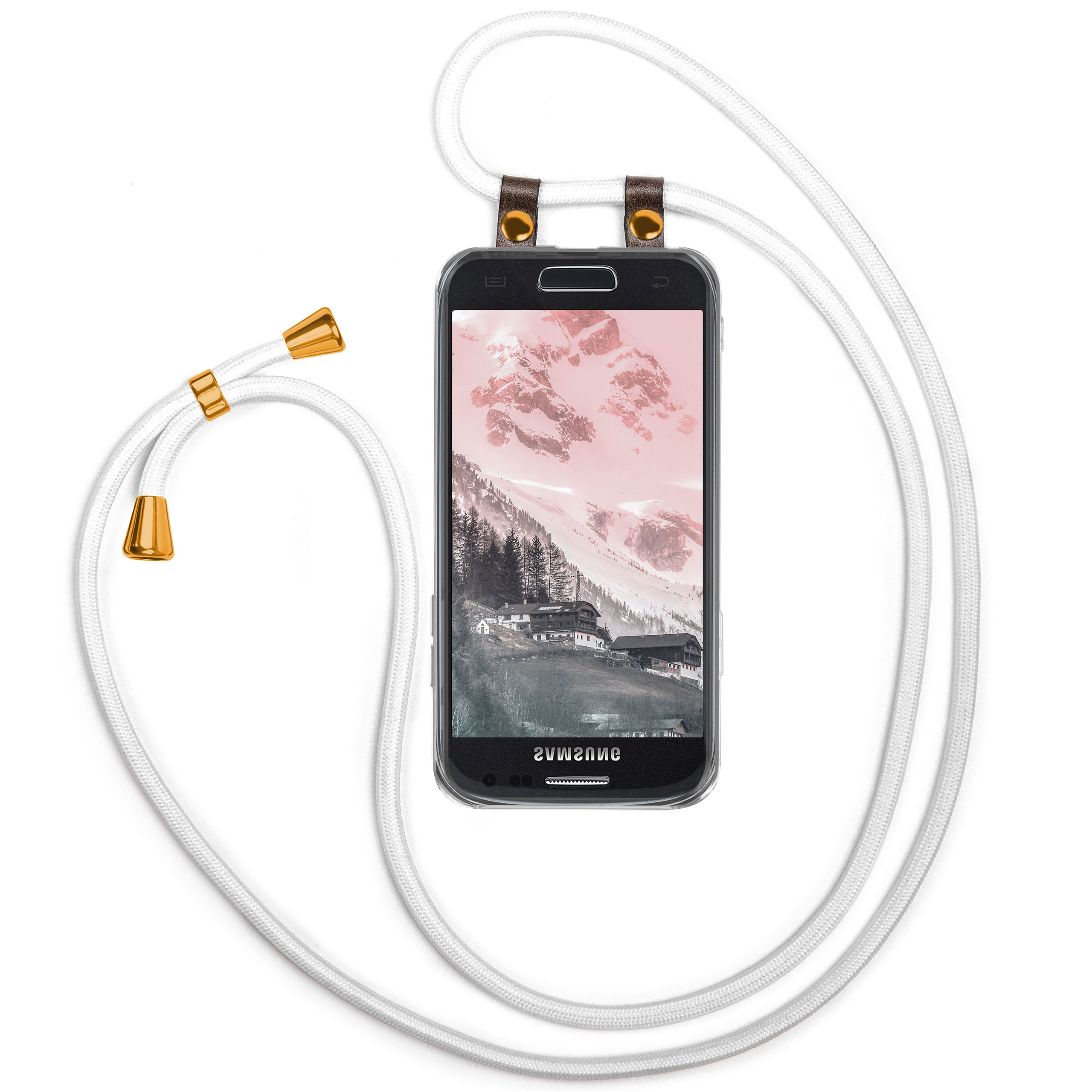 Weißes Kordel-Telefongehäuse, das ein Telefon mit einer schneebedeckten Berglandschaft zeigt.