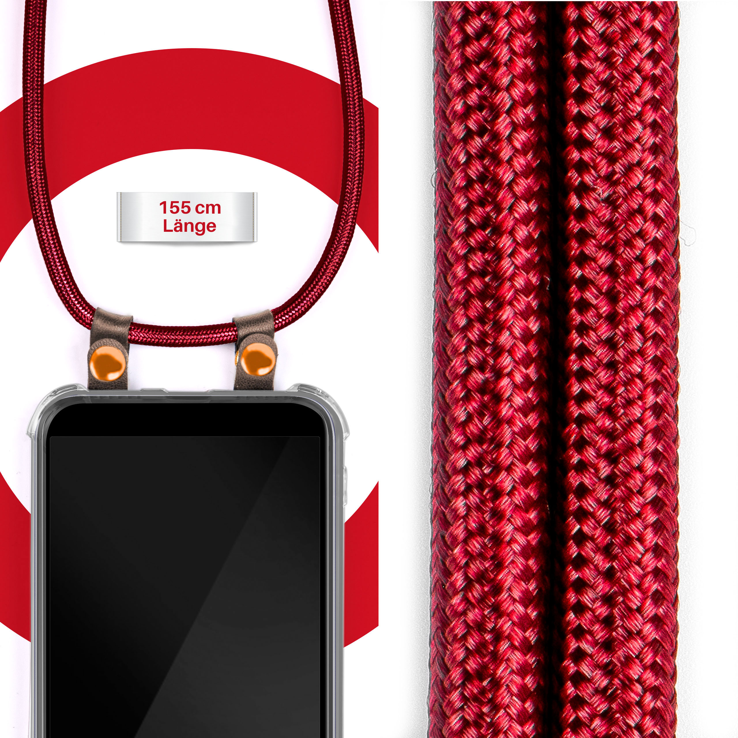 Rotes Telefon-Lanyard mit Telefon, roter Hintergrund mit weißen Ringen und Text.
