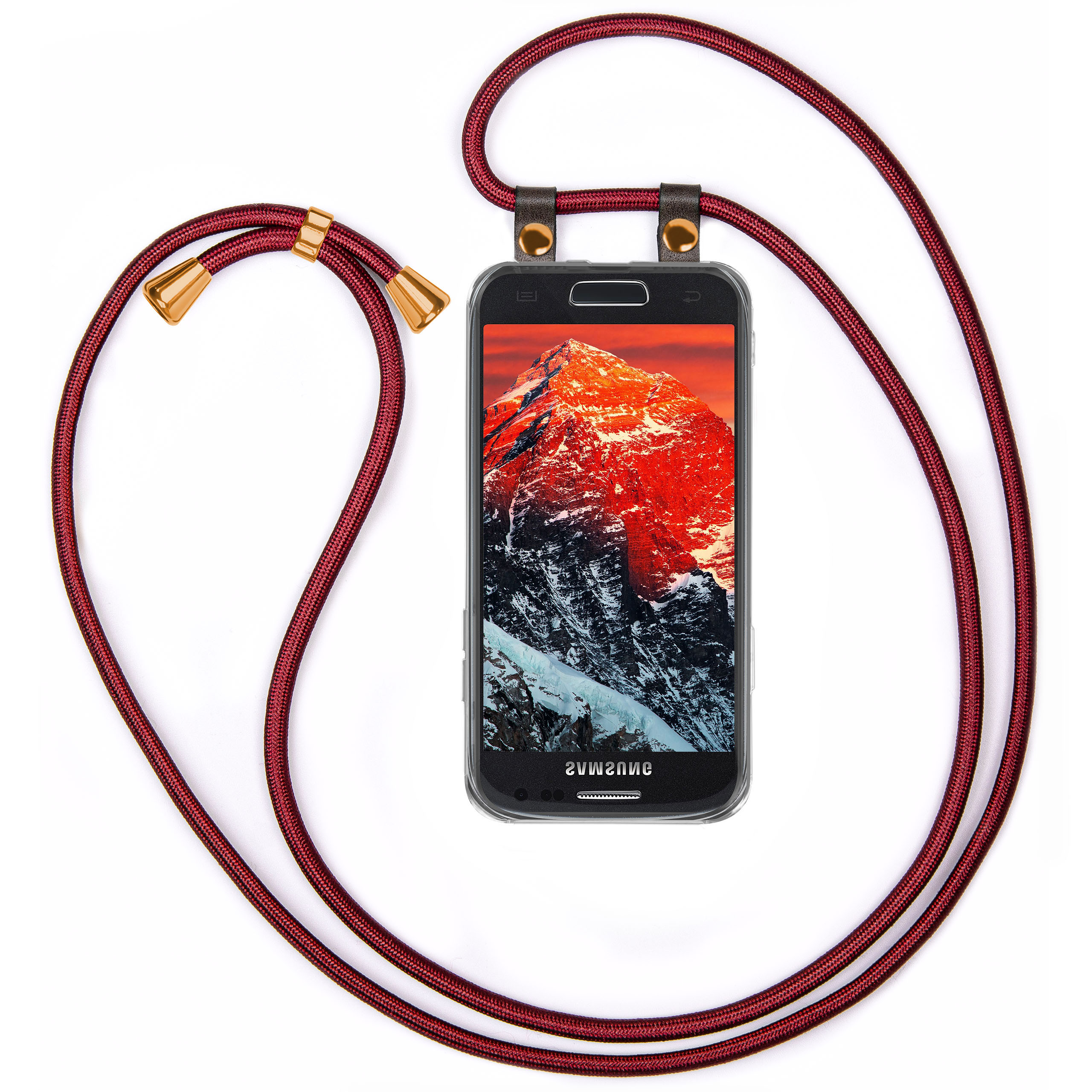 Ein Smartphone mit roter Kordel, hängend. Der Bildschirm zeigt eine Berglandschaft.