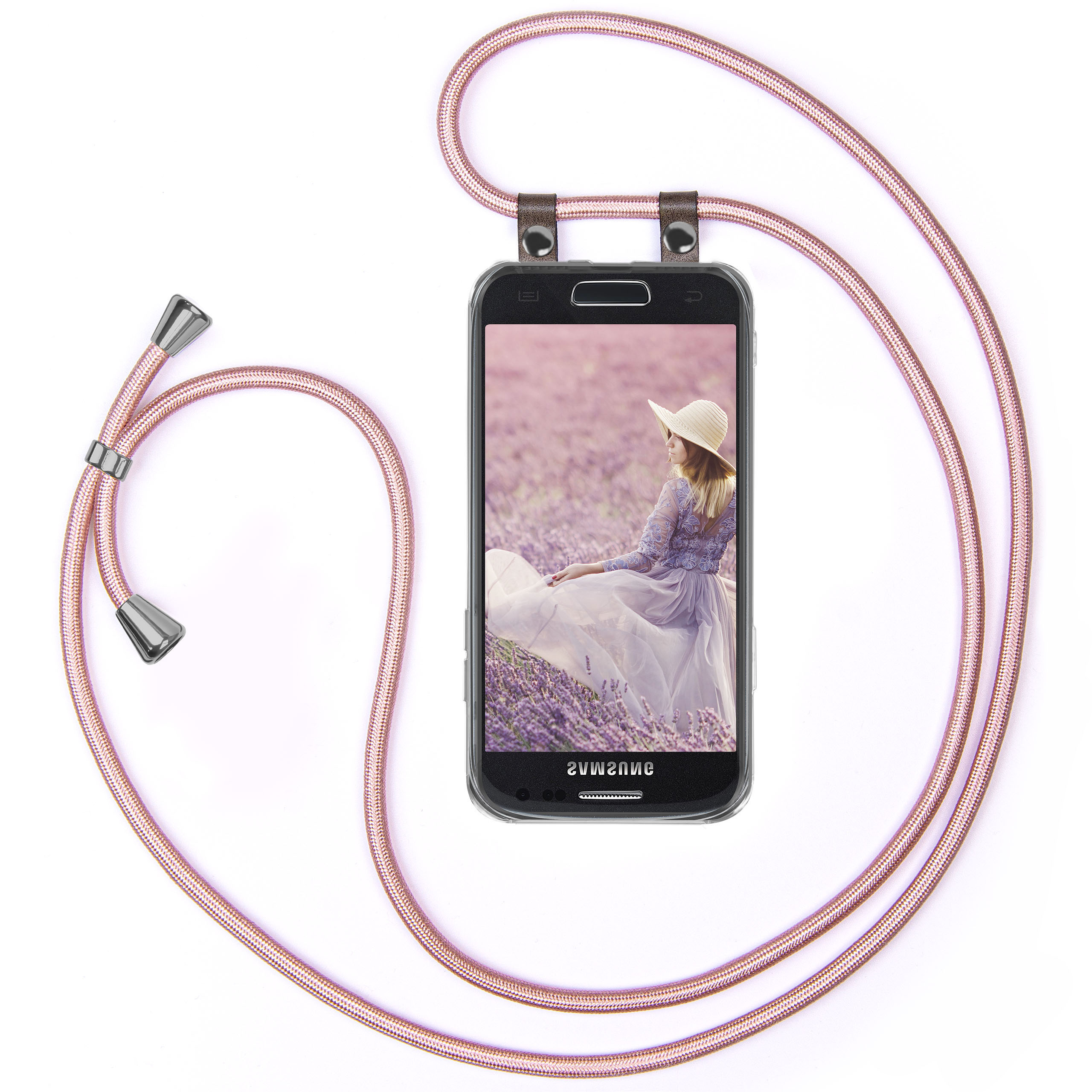 Telefon mit pinkfarbenem Umhängeband, zeigt eine Frau in einem Lavendelfeld.