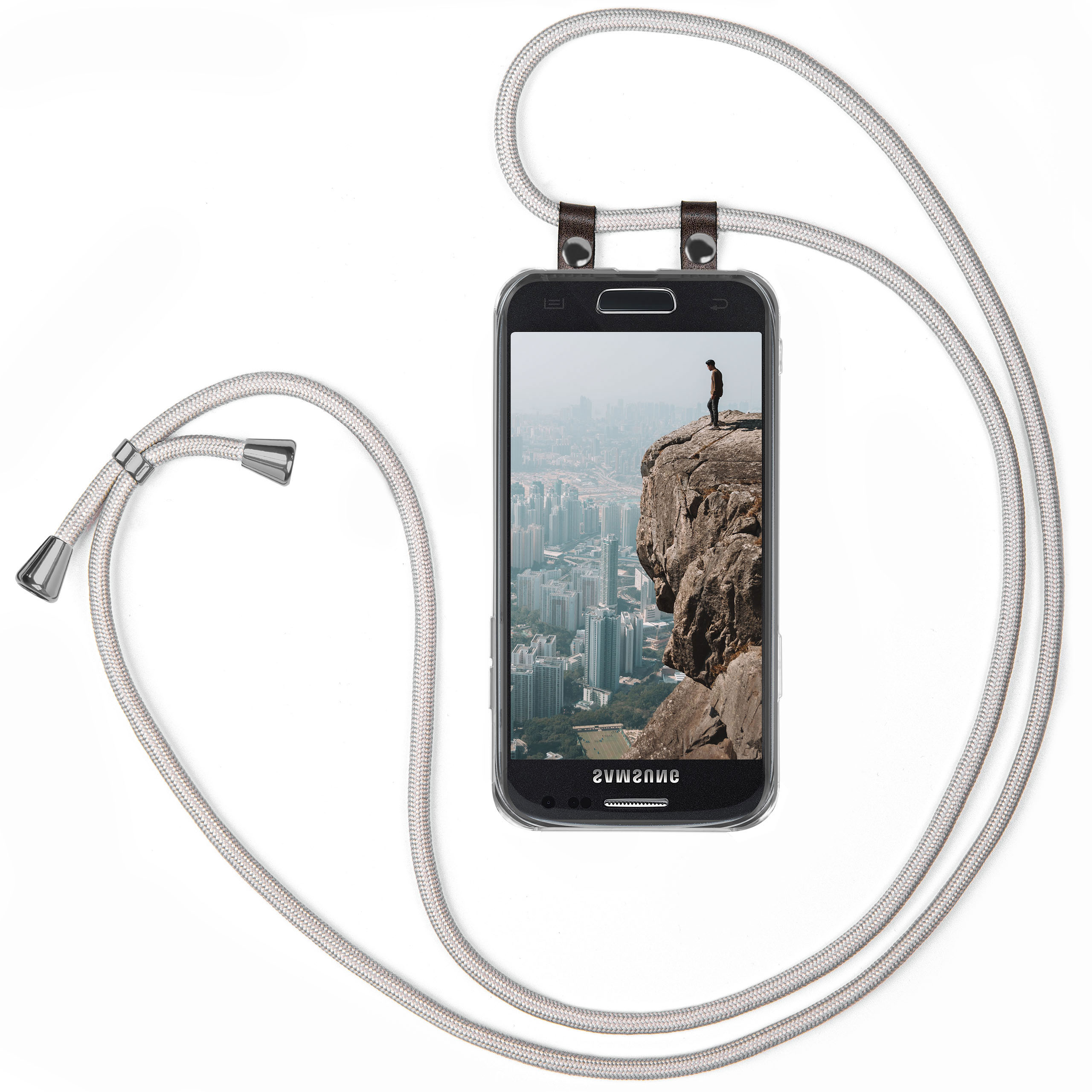 Telefon mit Mann auf Klippenbildschirm, graues Kabel. Weißer Hintergrund.