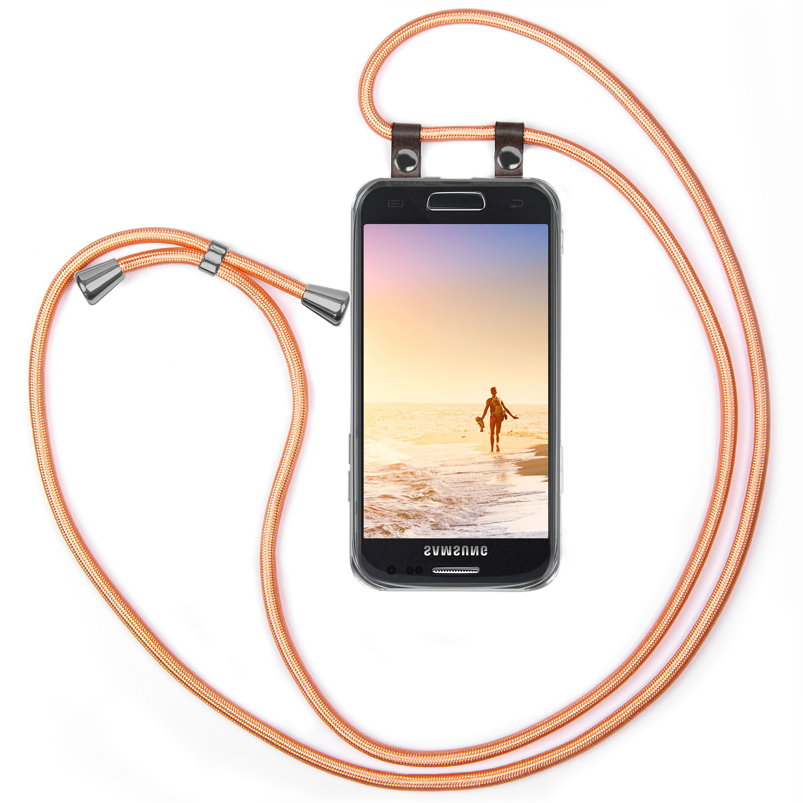 Telefon mit Strandbild, orangefarbener Gurt.