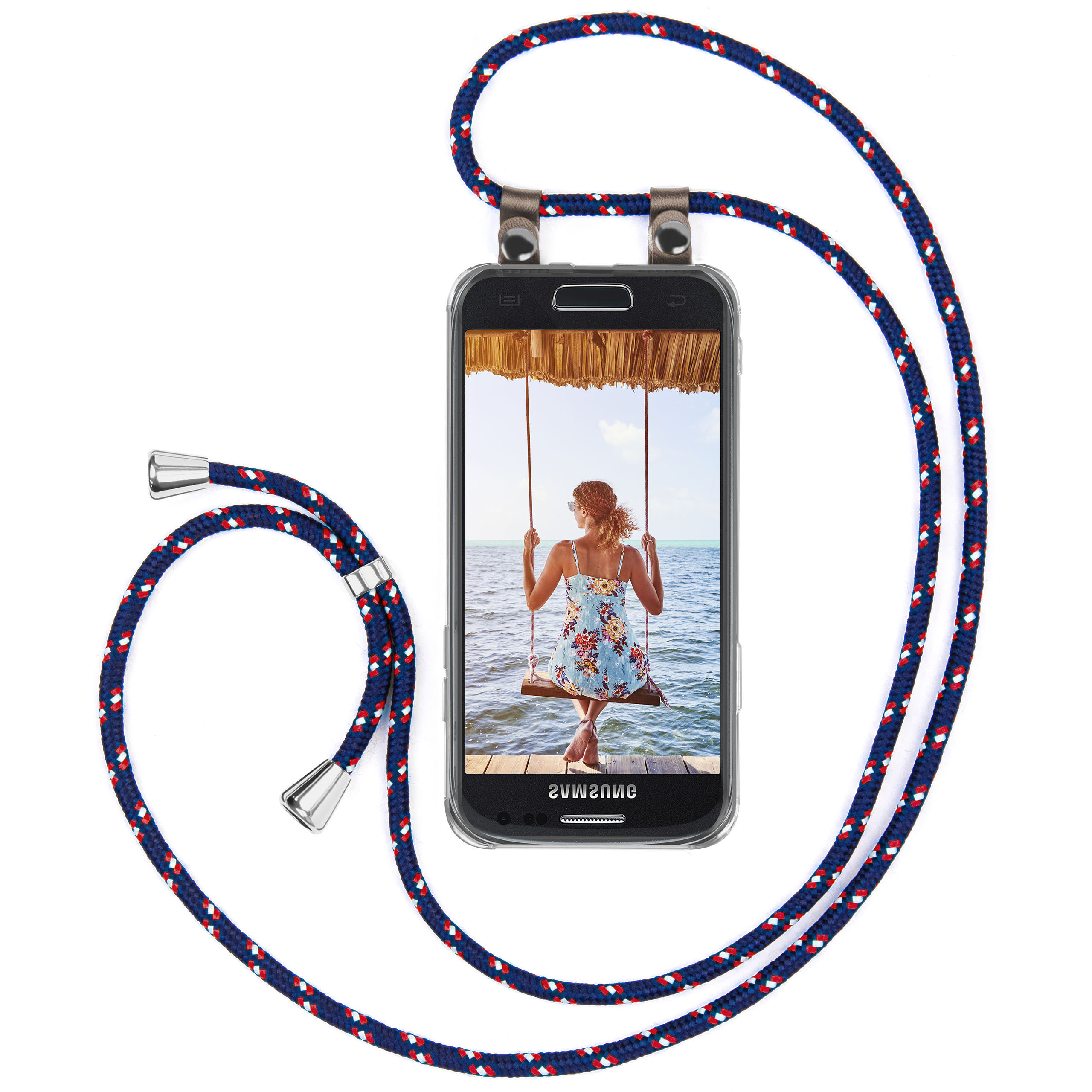 Telefon mit Frau auf Schaukel am Wasser. Blau-rotes Telefonkabel.