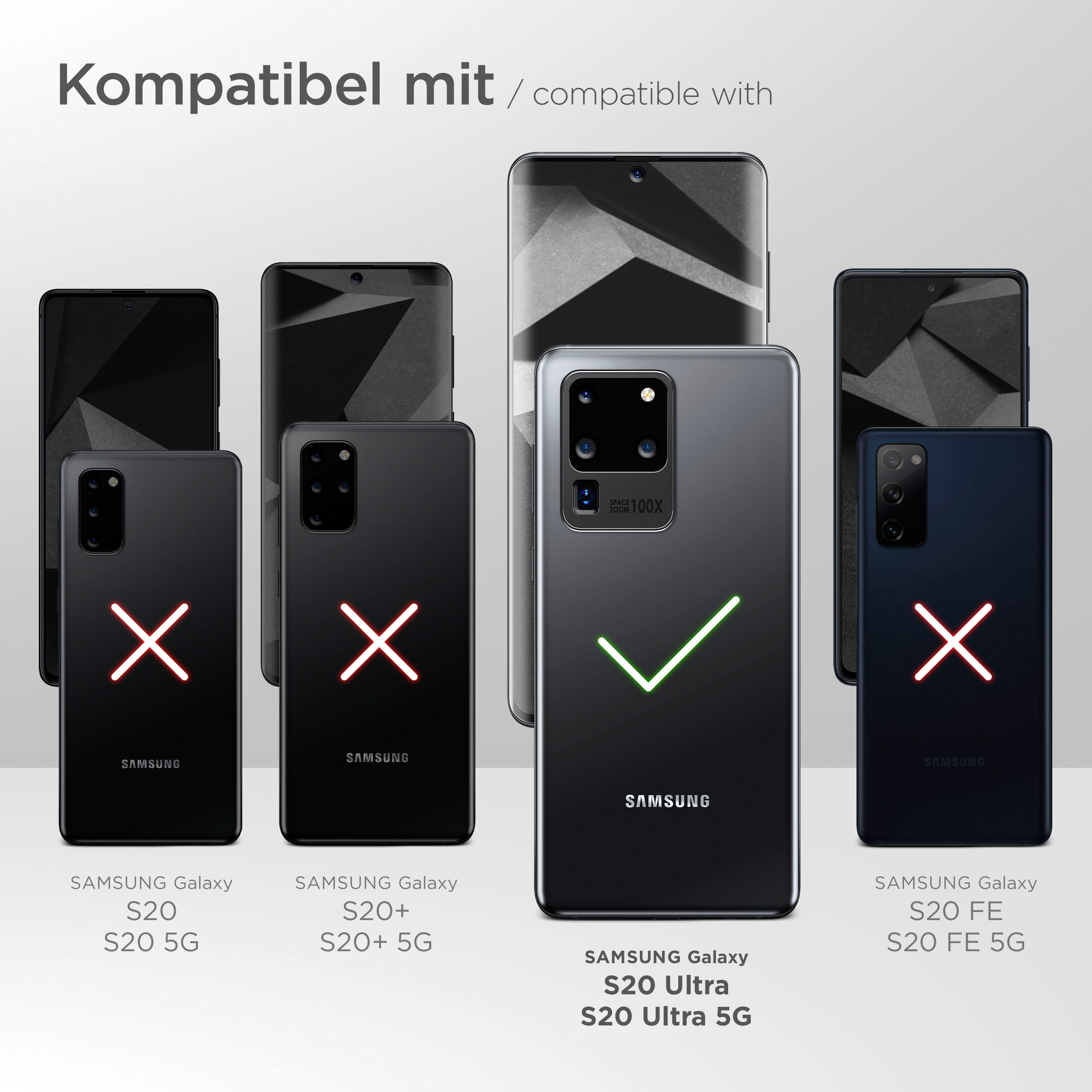 Telefone mit Hüllen. Einige haben ein rotes X, eines ein grünes Häkchen. Kompatible Telefone unten.