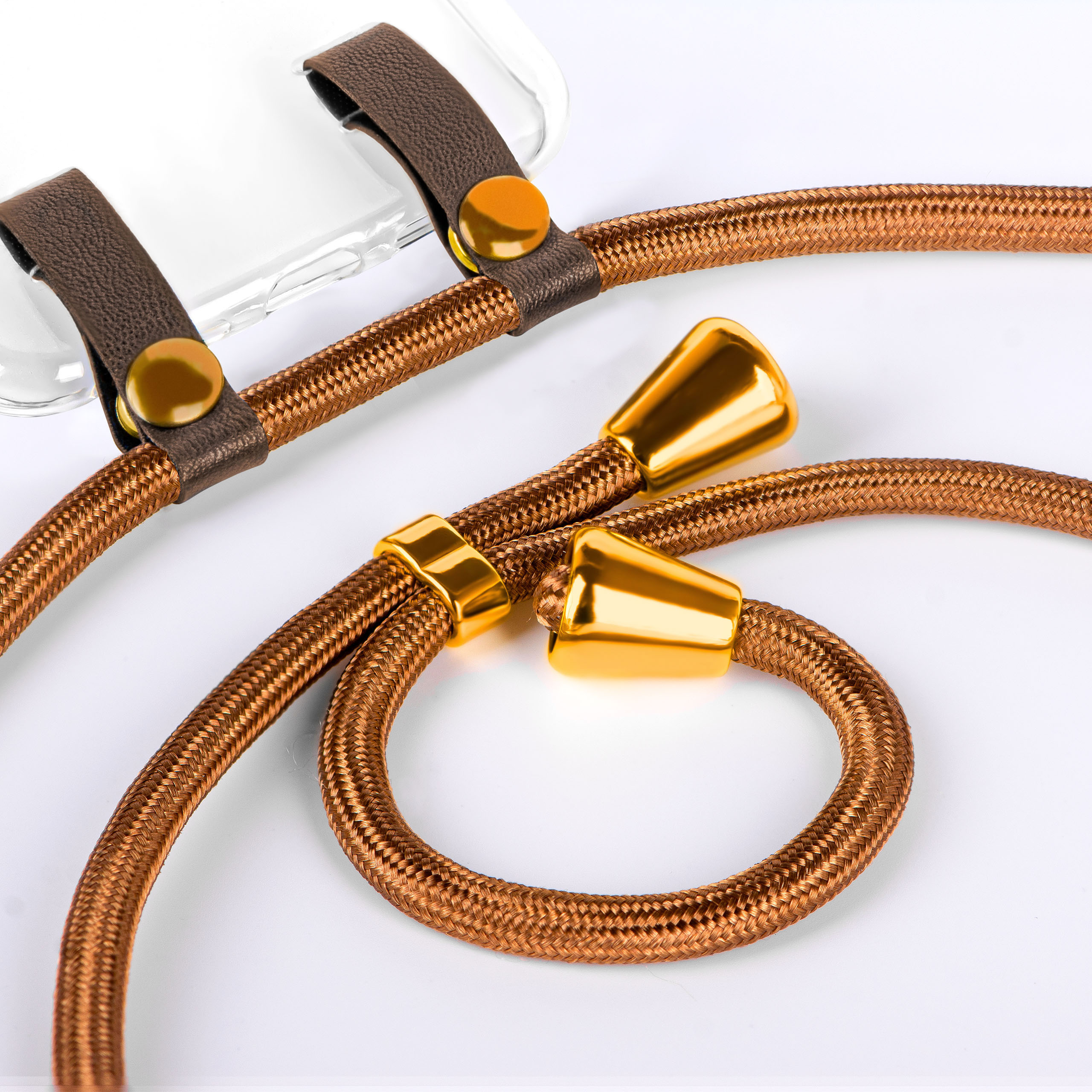 Ein Handyband mit braunen und goldenen Akzenten.
