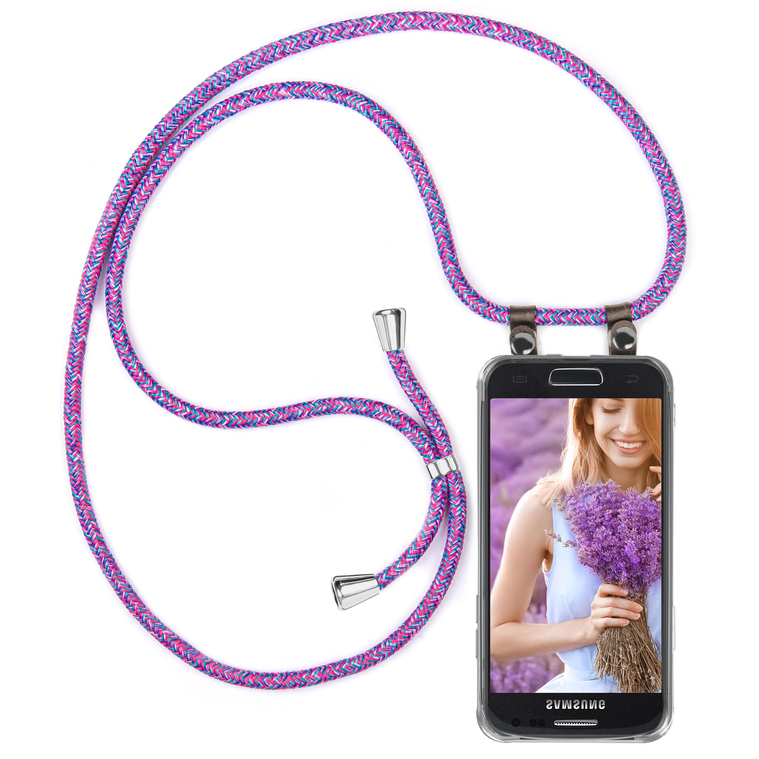 Ein pink-blauer Telefonriemen mit einem Telefon, das eine Frau mit Lavendel zeigt.