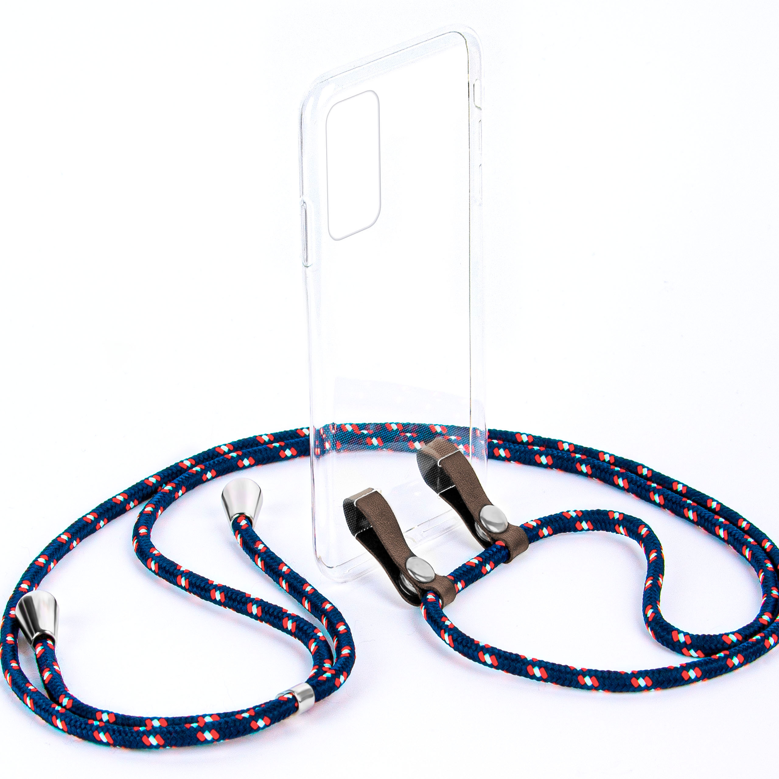 Blau-rotes Telefonkabel mit klarer Hülle. Braune Lederakzente. Weißer Hintergrund.