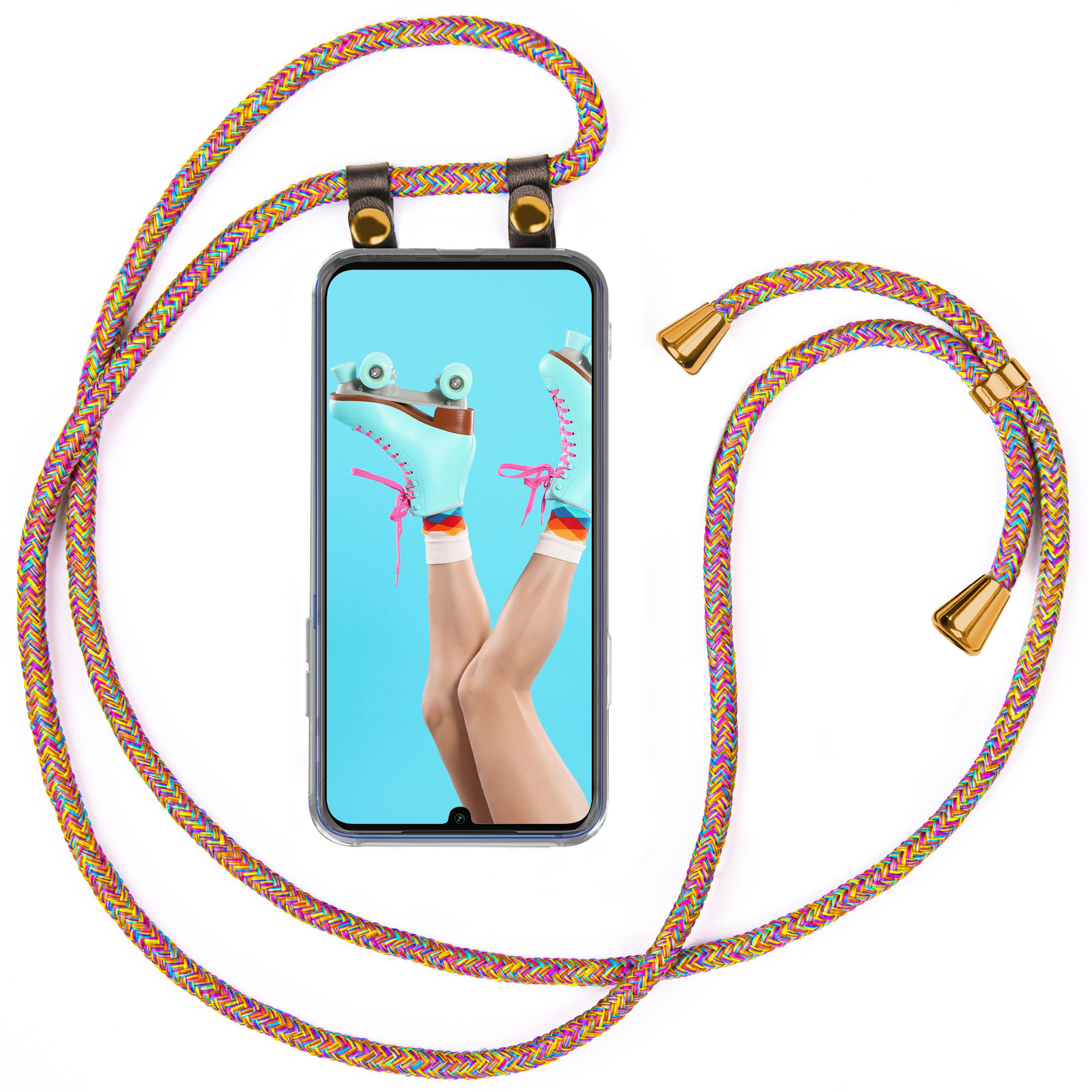 Telefon in klarer Hülle mit Regenbogenkabel. Telefon zeigt Rollschuhe.
