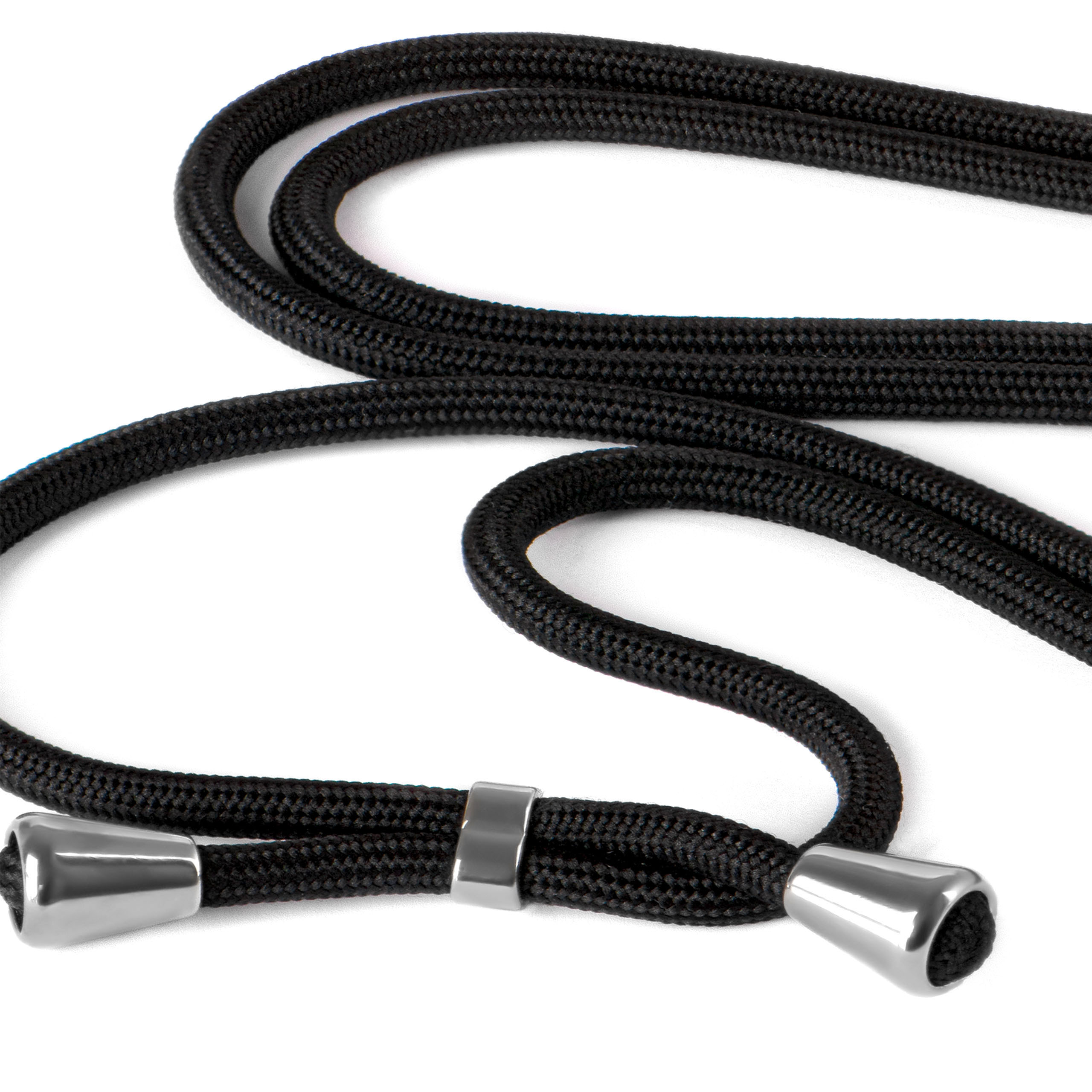 Ein schwarzes Handy-Lanyard mit silbernen Akzenten. Das Lanyard befindet sich auf weißem Hintergrund.