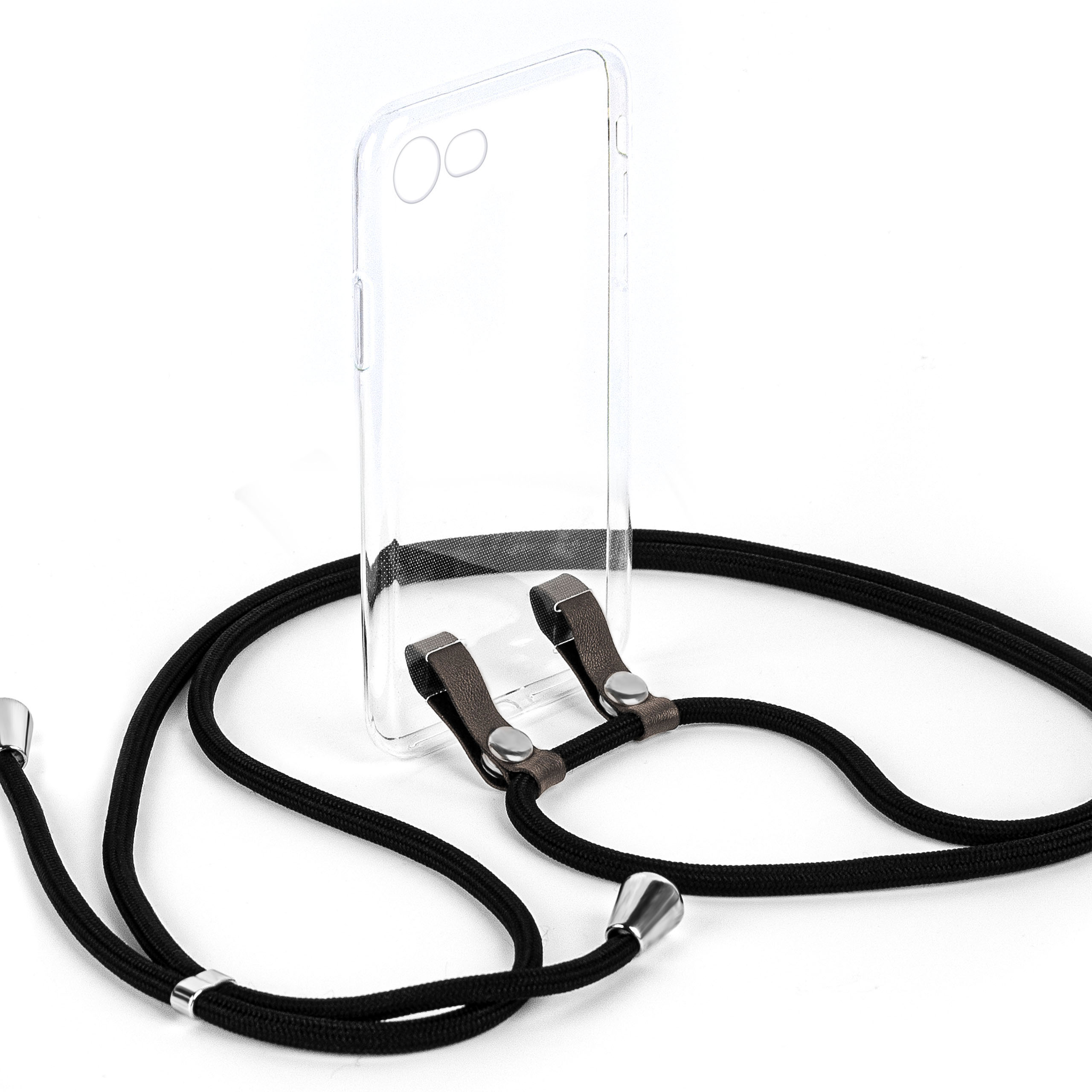 Rotes Telefon-Lanyard mit Telefon in klarer Hülle und Details zur Länge.