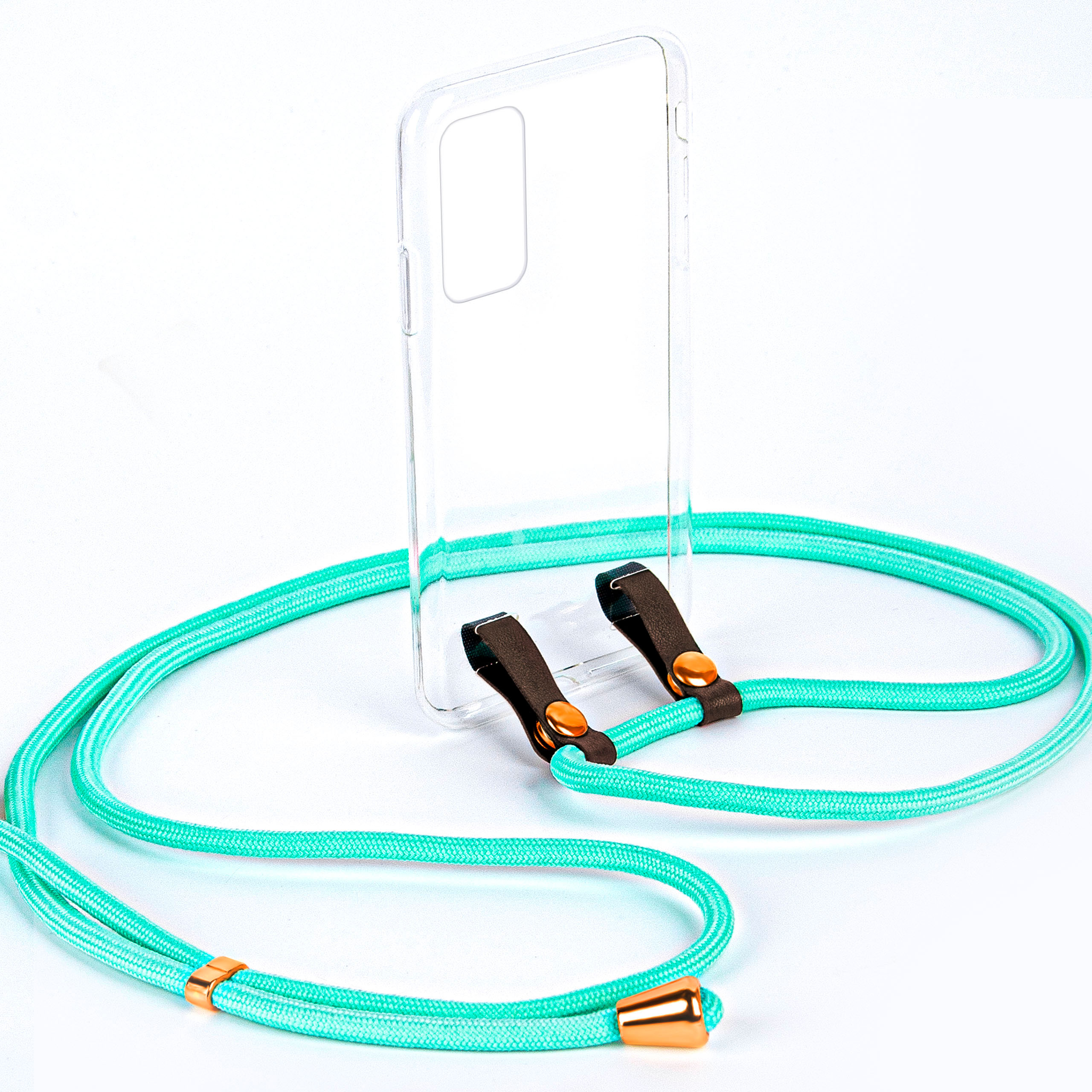 Ein Telefon mit türkisfarbenem Riemen. Weißer Hintergrund.