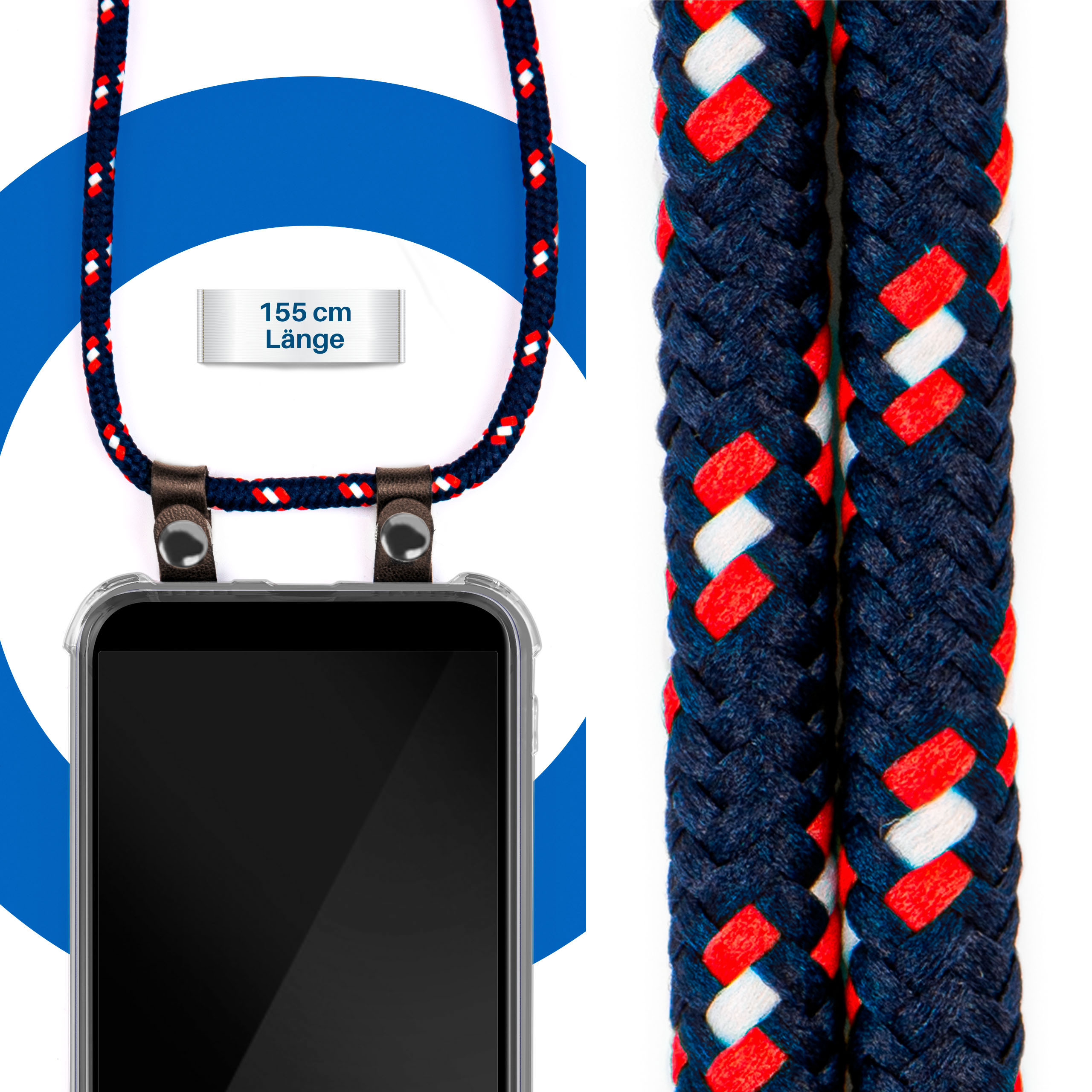 Telefon mit blau-rot-weißem Gurt. Text: 155 cm. Weißer Hintergrund.
