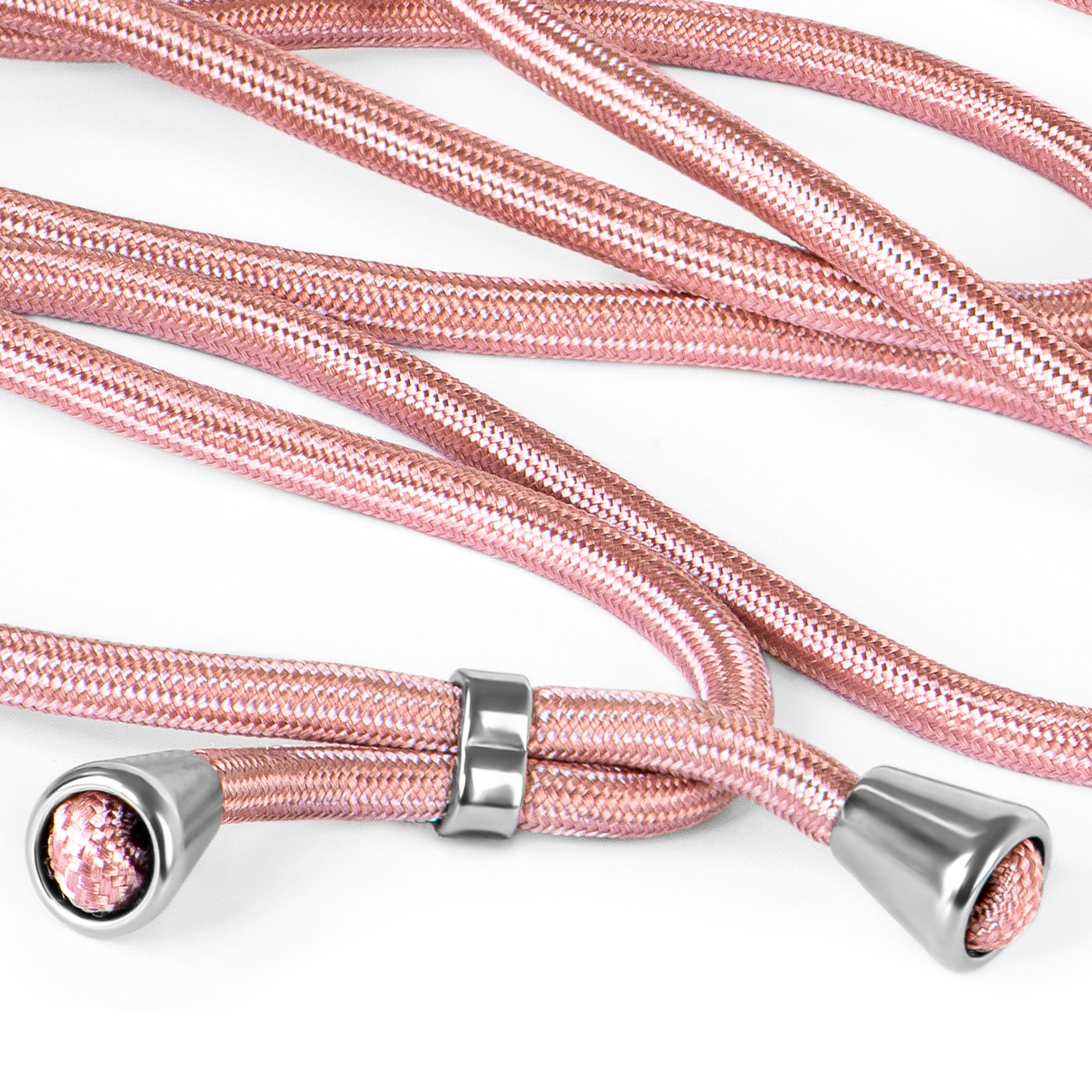 Telefon-Umhängeband mit rosa geflochtenem Kordel, Metallverbindern und weißem Hintergrund. Nahaufnahme.