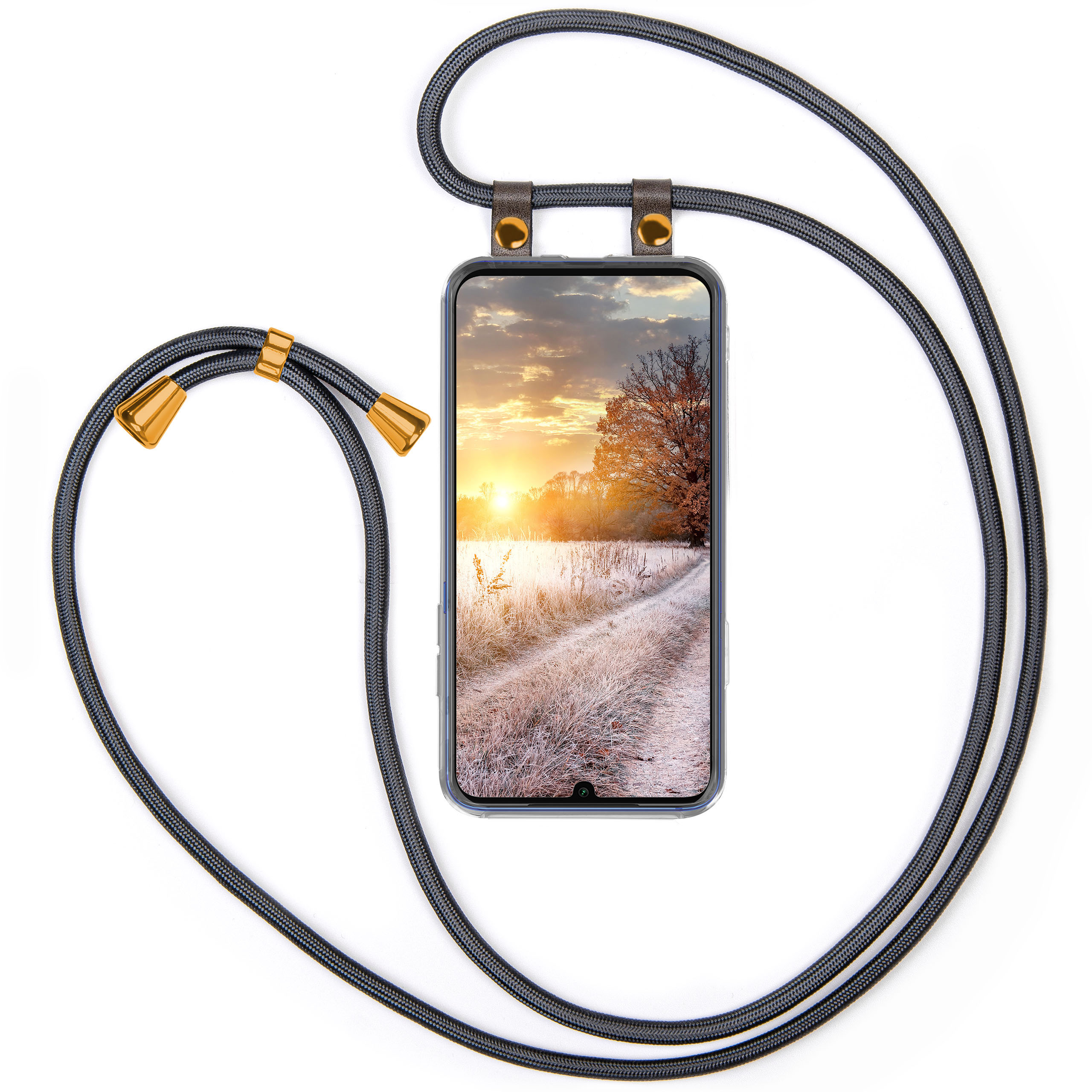 Telefon mit Sonnenuntergang, graues Seil, goldfarbene Akzente und weißer Hintergrund.