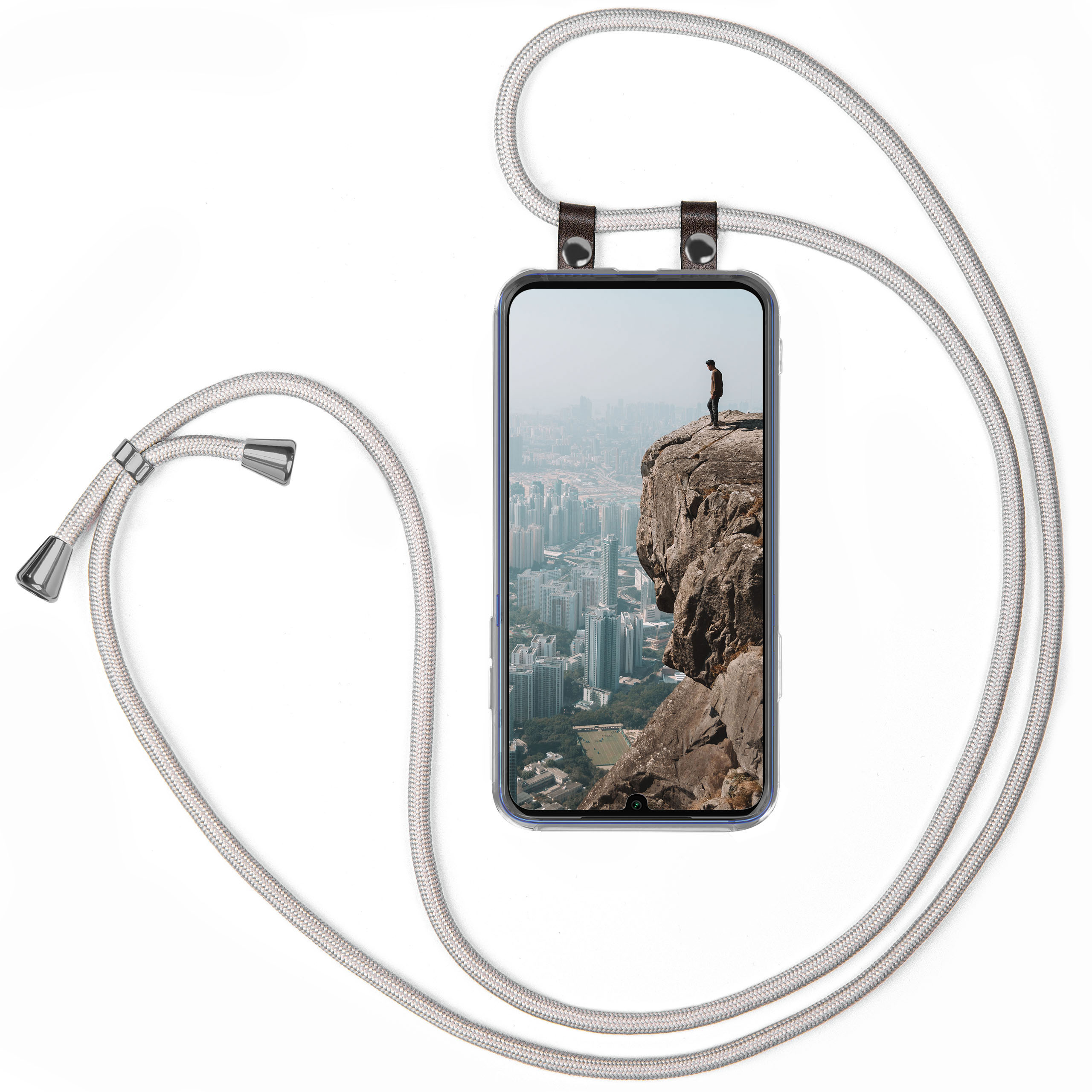 Telefon mit Mann auf Klippe, graues Lanyard.