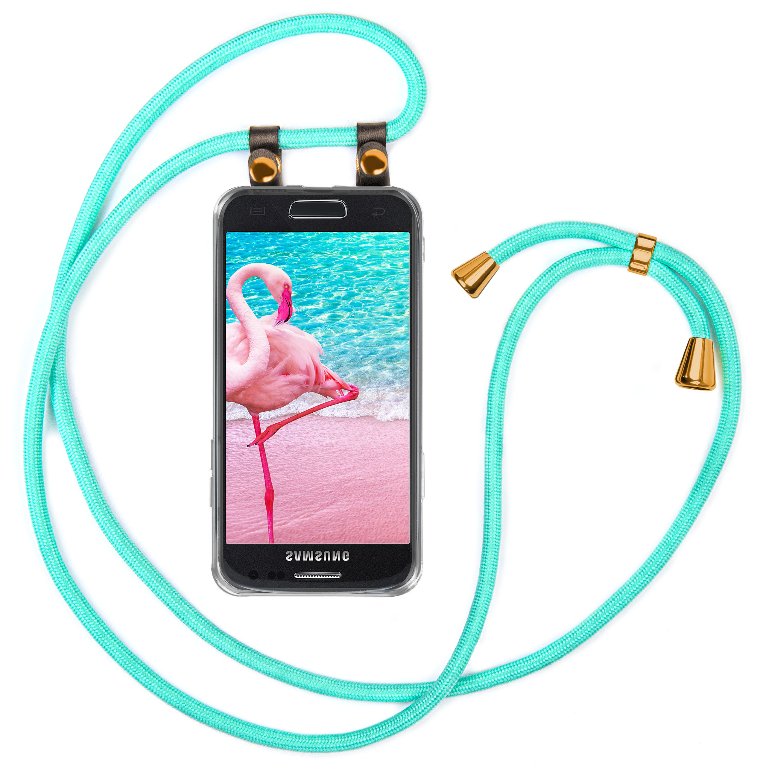 Handyhülle mit blauem Kordel. Das Telefon zeigt einen Flamingo im Wasser.