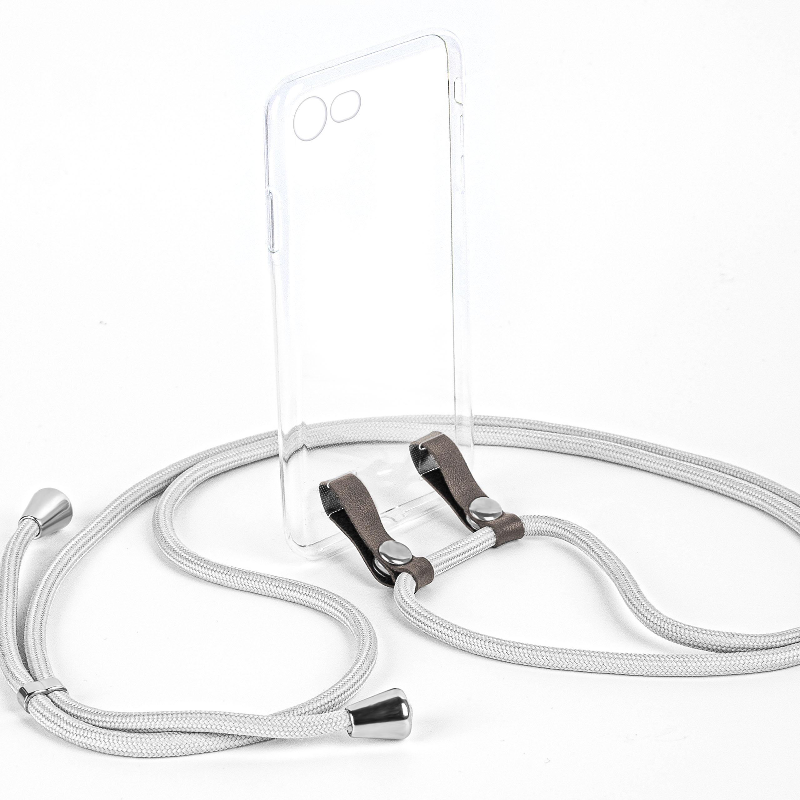 Transparente Handyhülle mit grauem Lanyard. Die Hülle ist leer und hat ein silbernes Metallteil.