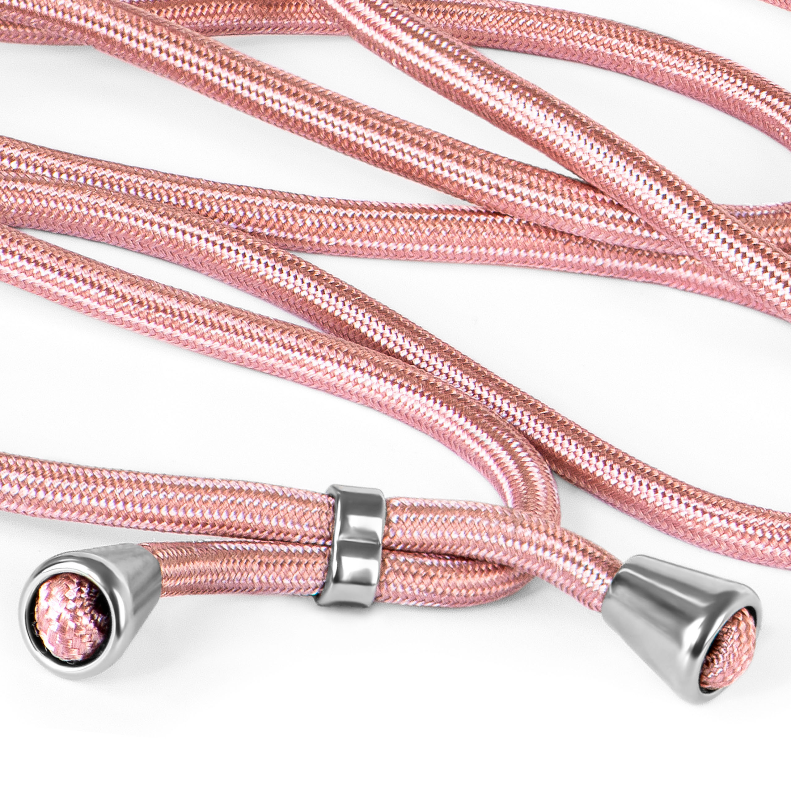 Nahaufnahme eines rosa Telefonkabels mit silbernen Steckern auf weißem Grund.