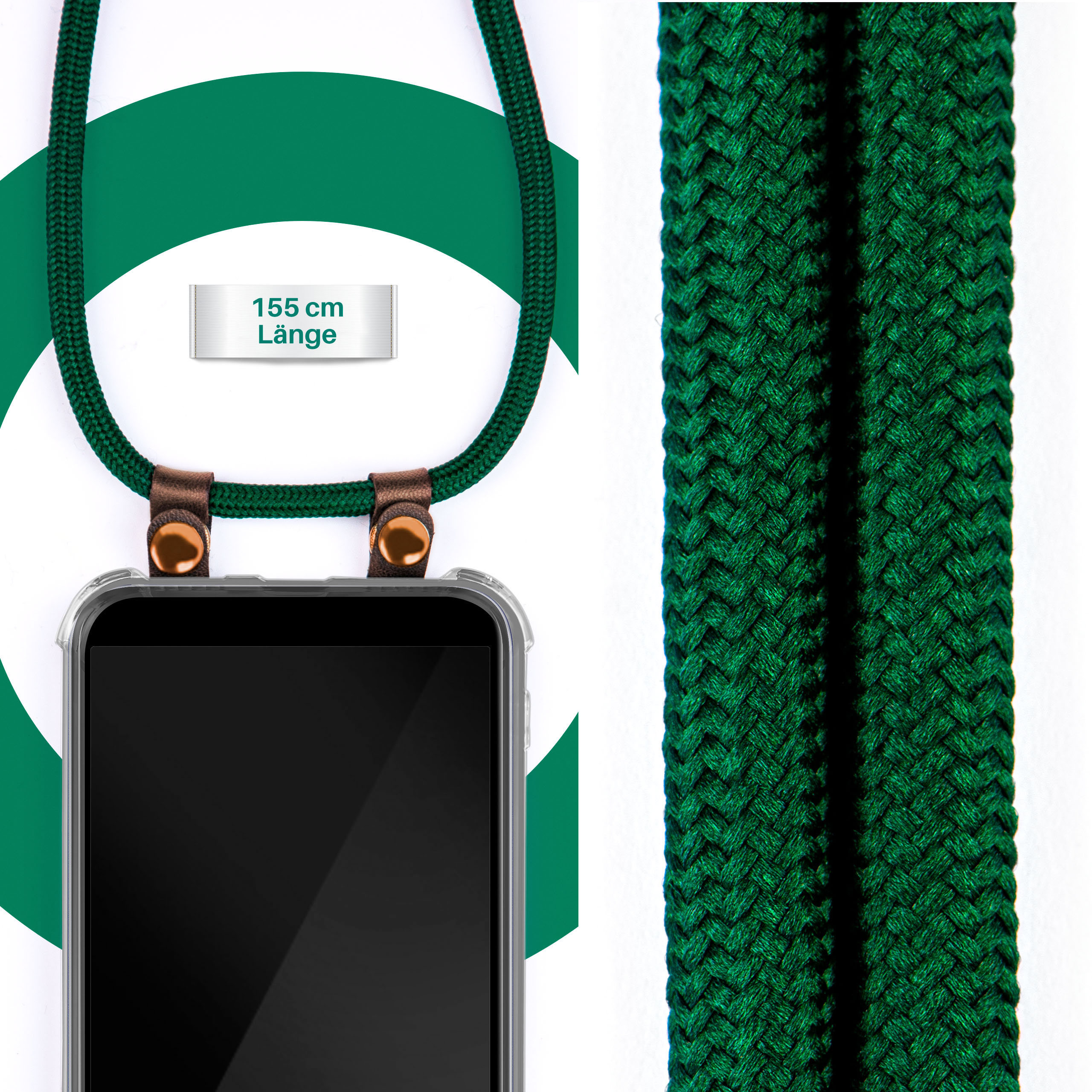 Telefon mit grünem geflochtenem Kordelband. Text: 155 cm Länge.