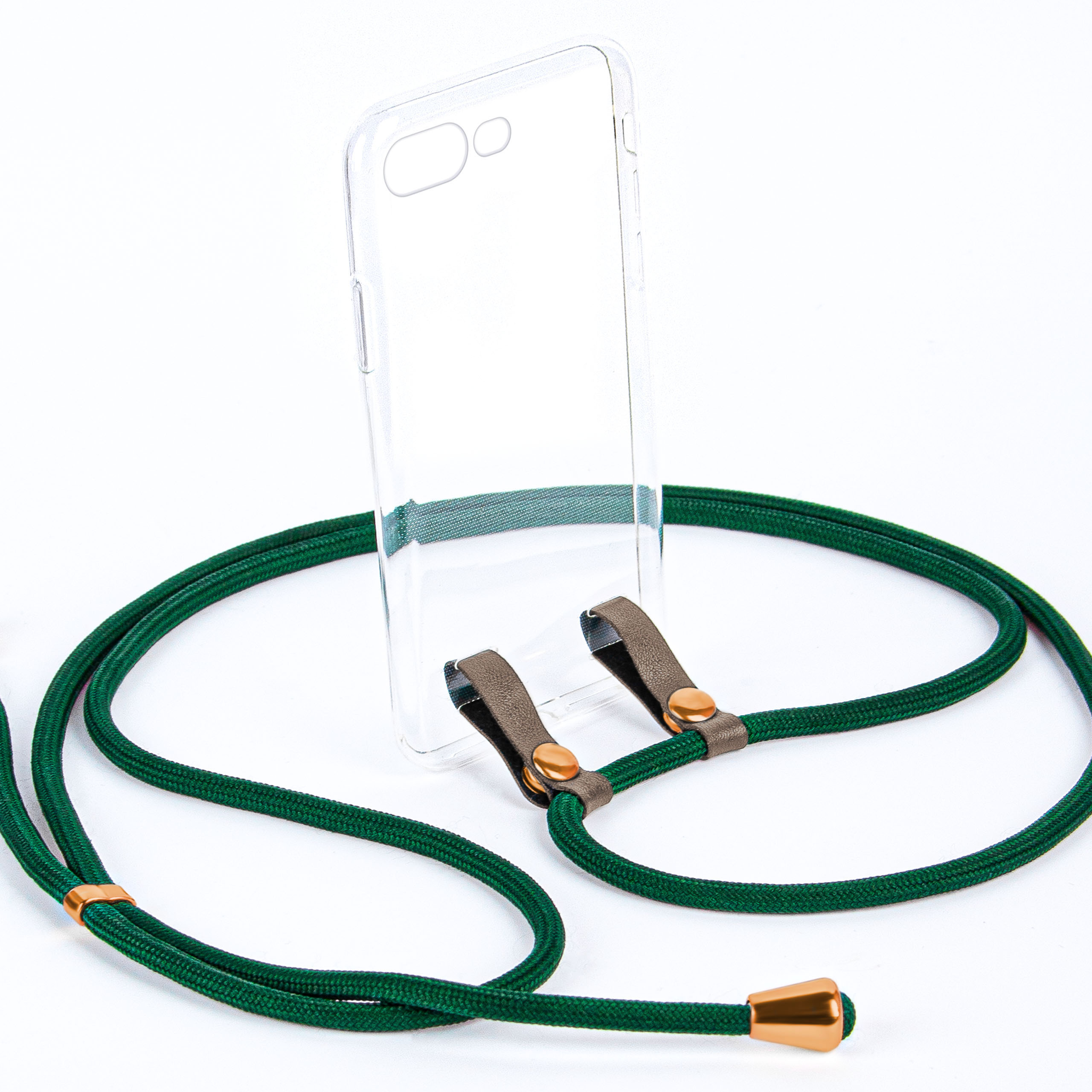 Telefon in einer durchsichtigen Hülle mit grünem Riemen. Der Riemen hat goldfarbene Metallendstücke.