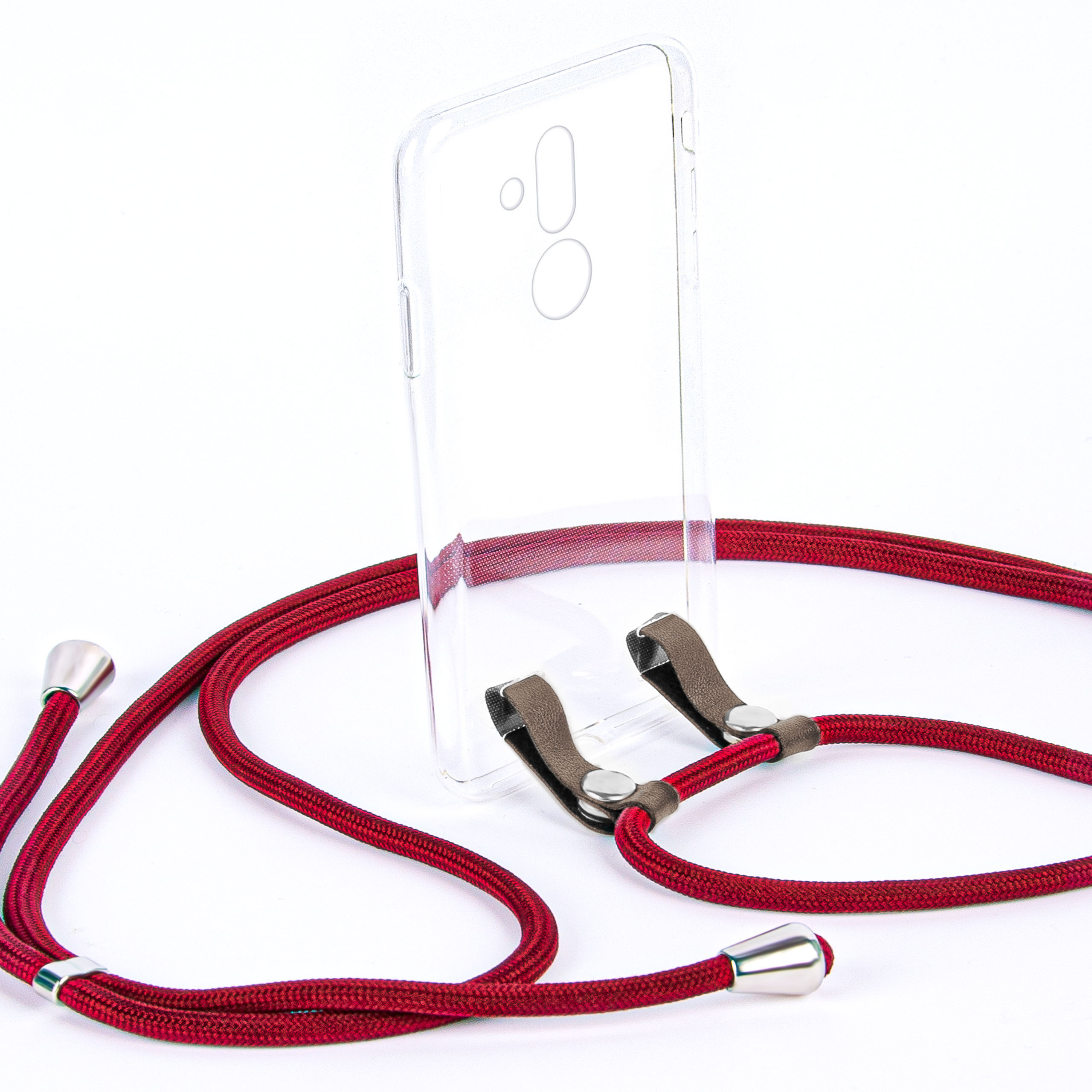 Rotes Telefon-Lanyard mit klarer Handyhülle. Silberfarbene Akzente und weißer Hintergrund.