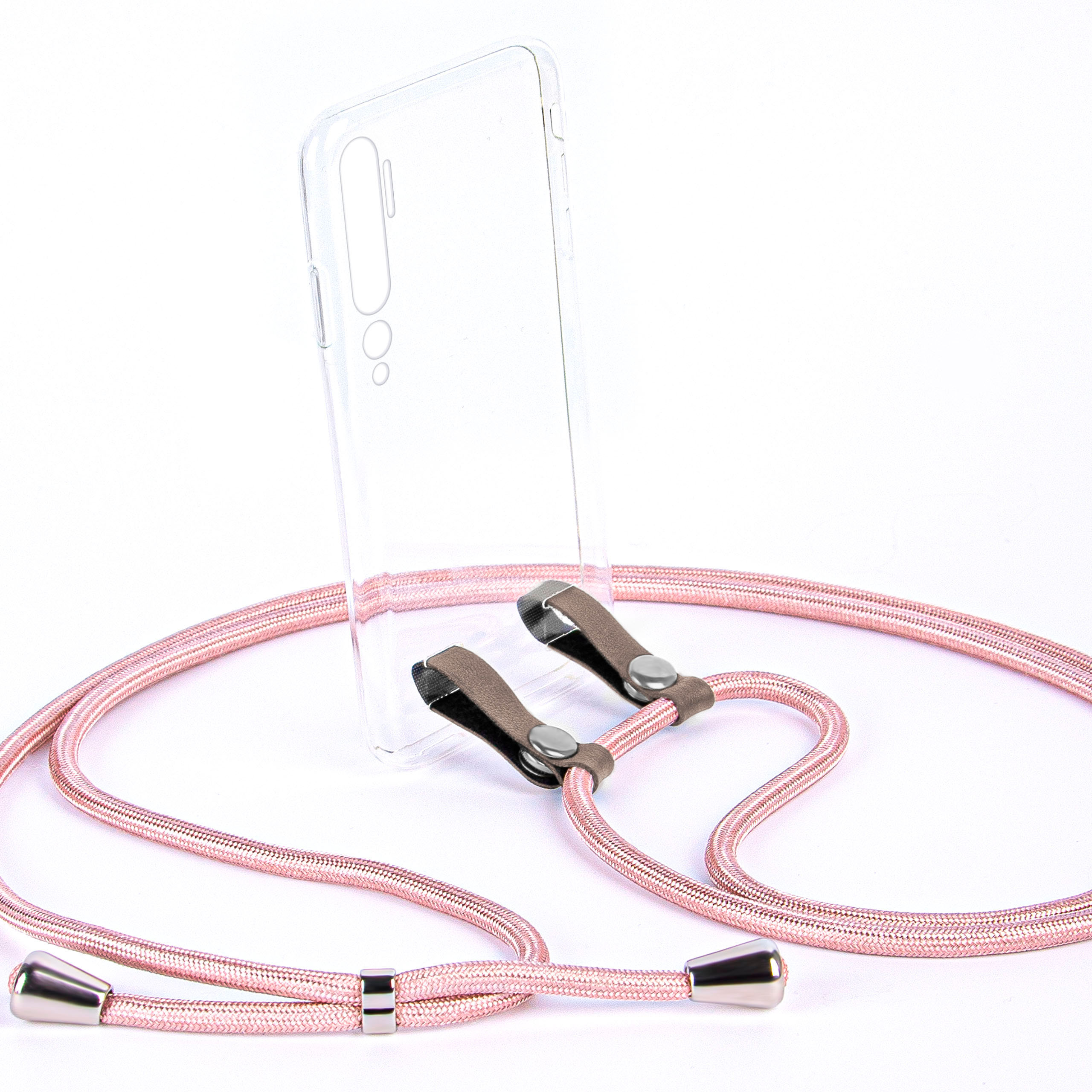 Transparente Handyhülle mit pinkfarbenem Kordel. Silberne Enden und Clips. Weißer Hintergrund.