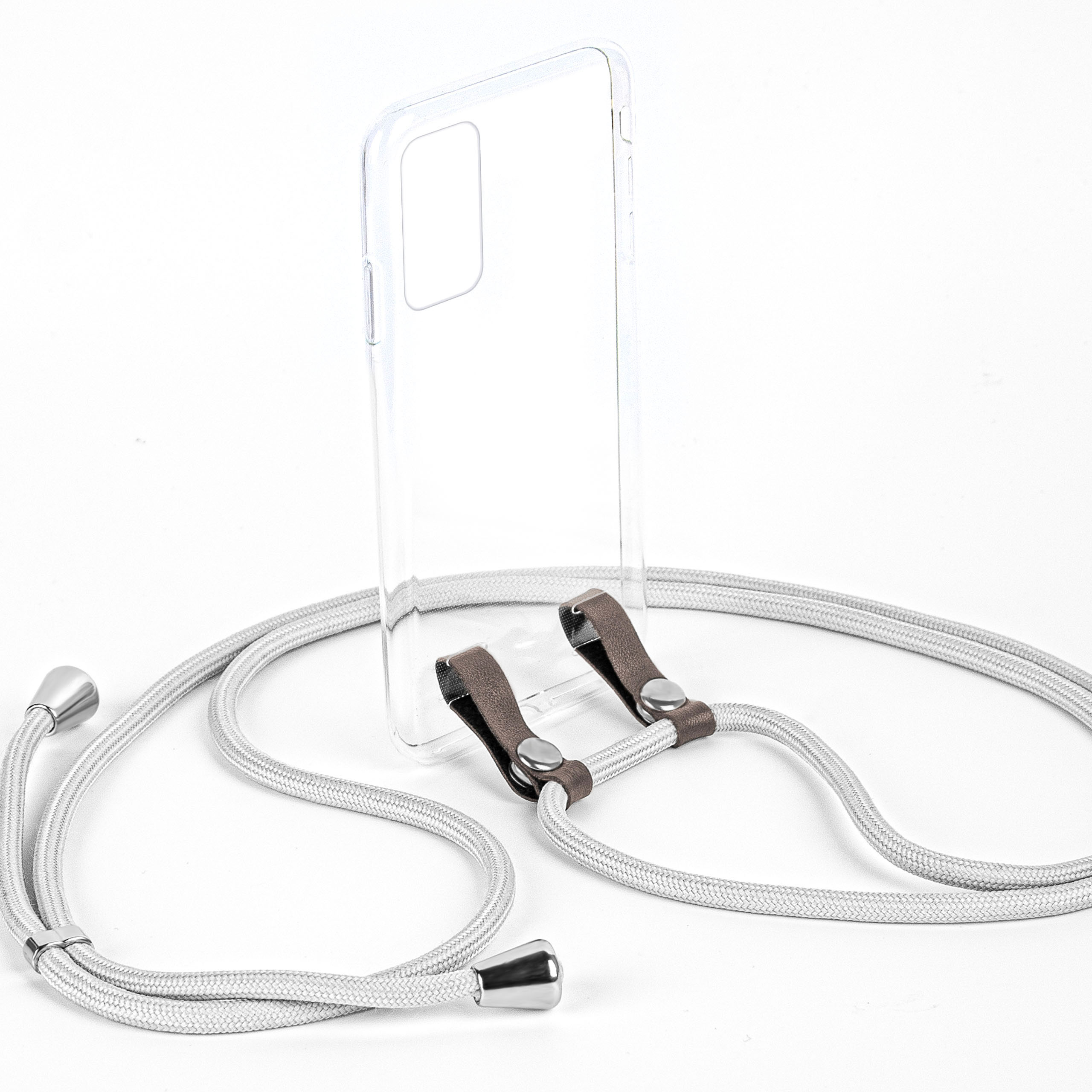 Transparente Handyhülle mit grauem Lanyard, weißer Hintergrund.