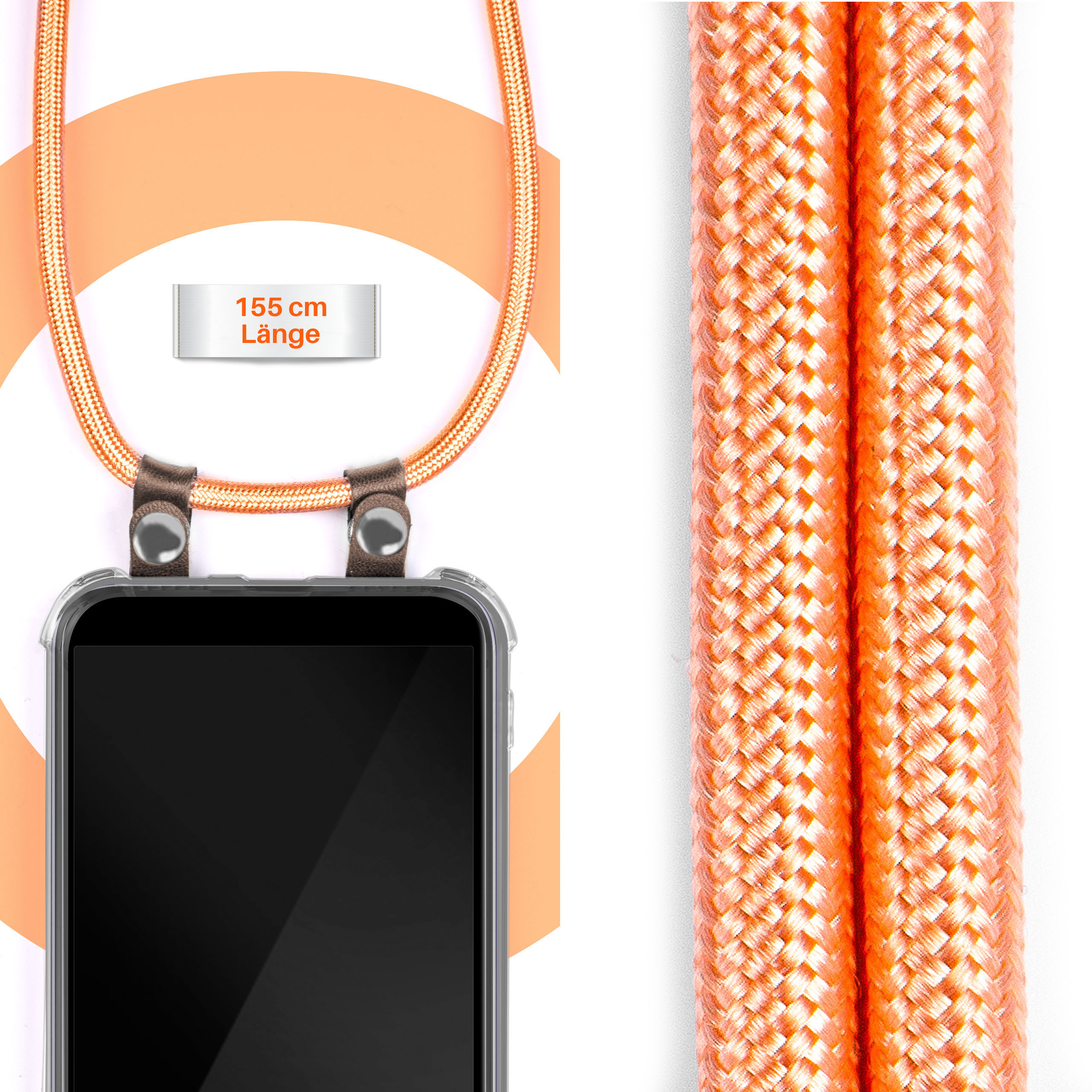 Oranges Handyband mit Handyhülle. Ein Textfeld lautet: 155 cm Länge.