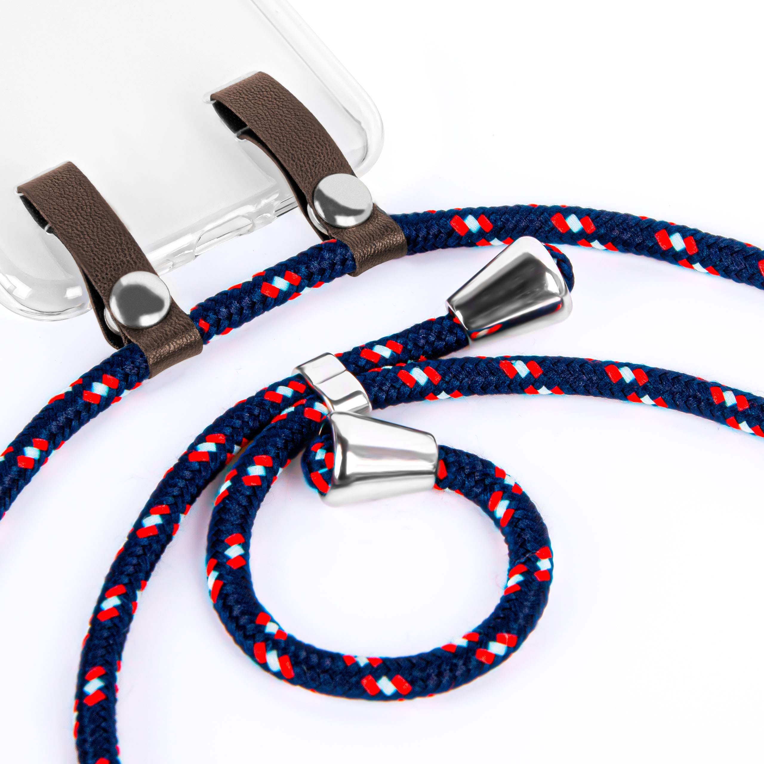 Smartphone mit Regenbogen-Lanyard, liegend auf weißer Oberfläche.