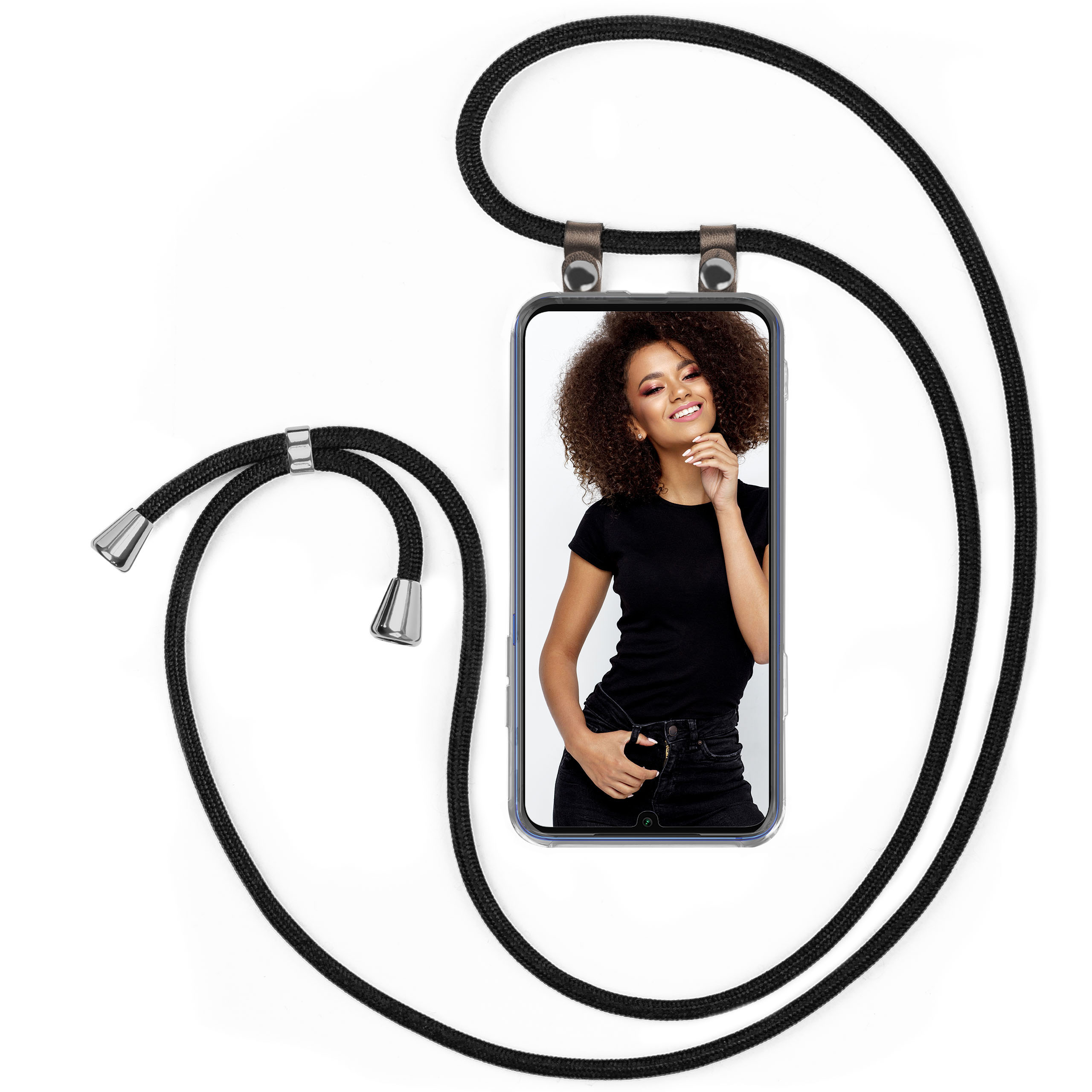 Telefon mit Frau, schwarzes Lanyard.