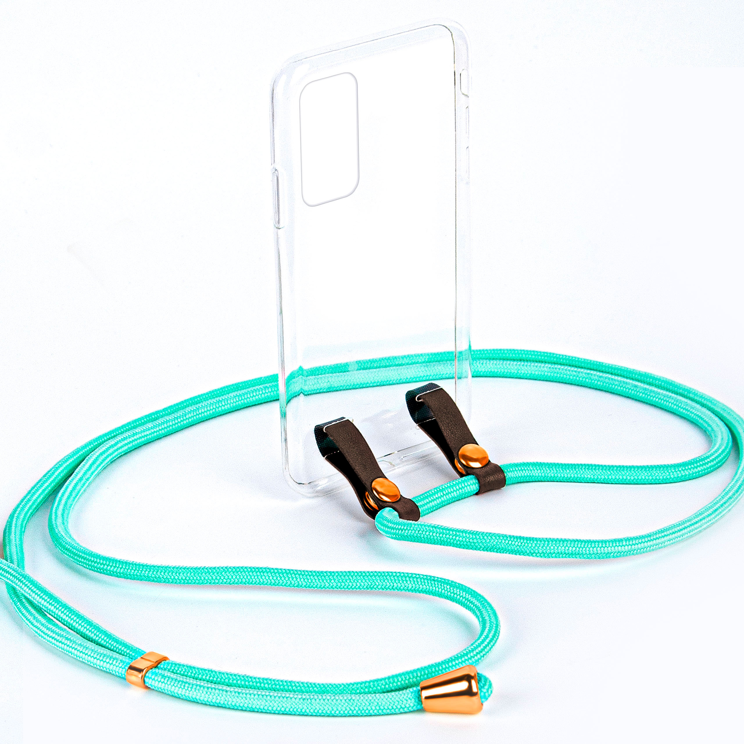 Türkisfarbenes Handyband mit goldener Hardware, braunen Lederbefestigungen und klarer Handyhülle, Nahaufnahme.