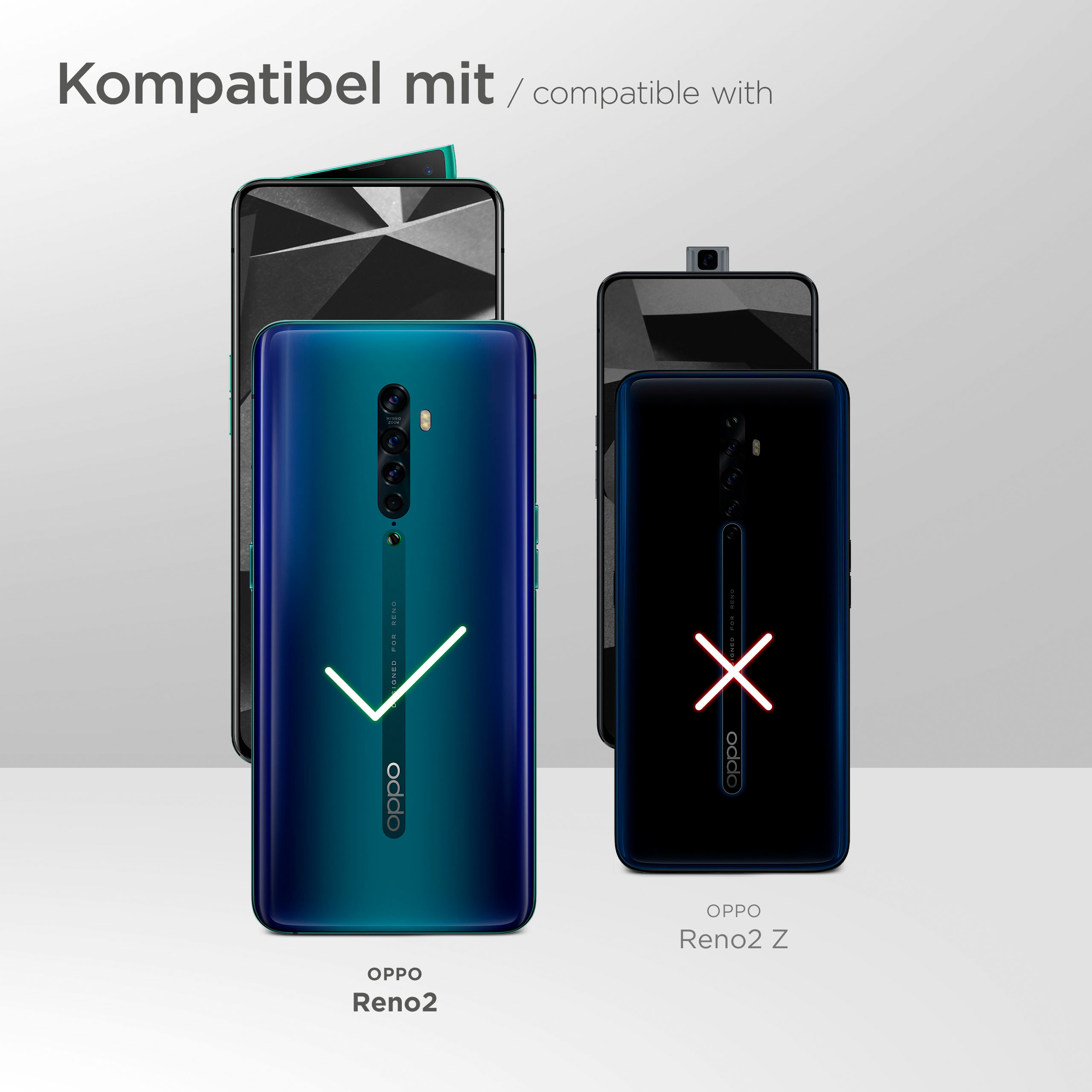 Zwei Telefone, eines blau mit Häkchen, eines schwarz mit X, Text oben sagt kompatibel mit.