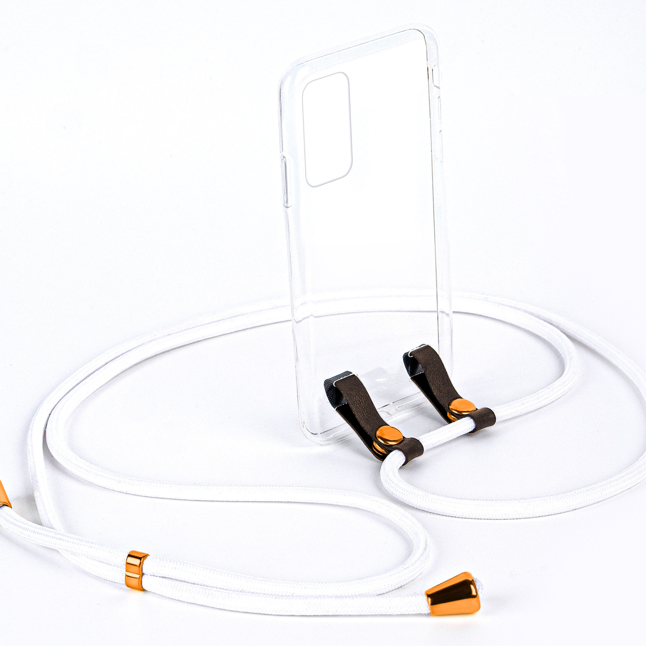 Handyhülle mit weißem Lanyard. Das Lanyard ist mit braunen Lederriemen an der Hülle befestigt.