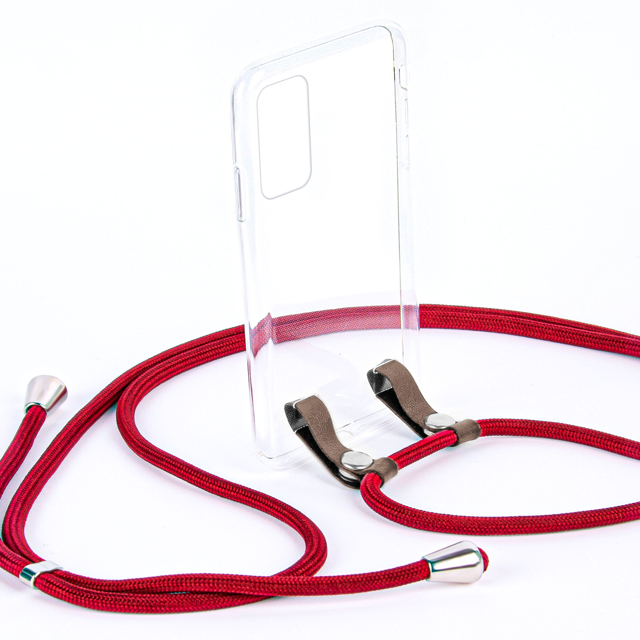 Eine transparente Handyhülle mit rotem Lanyard. Silberne Metallakzente am Lanyard.