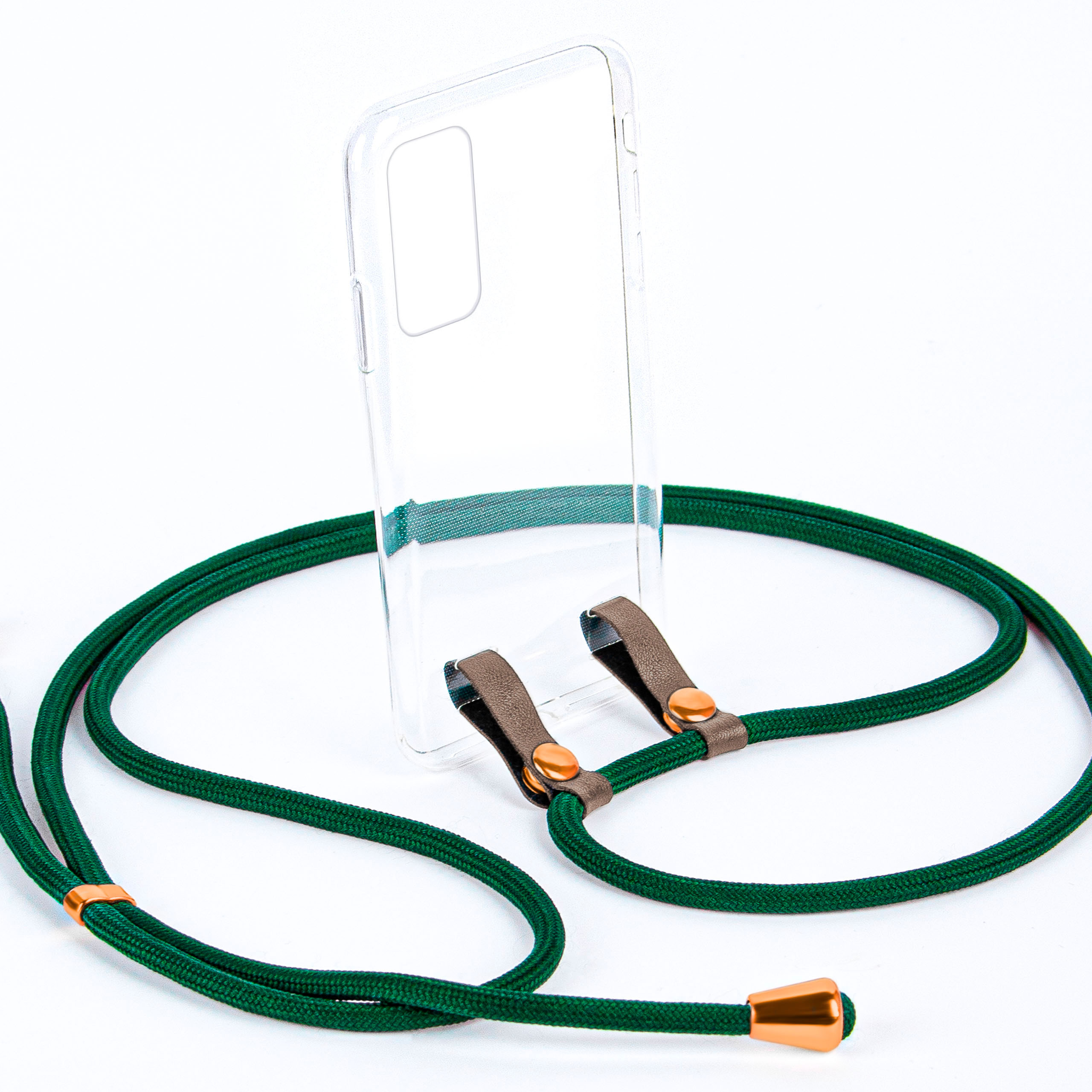 Transparente Handyhülle mit grünem Lanyard und kupferfarbenen Akzenten. Braune Lederbefestigungen.
