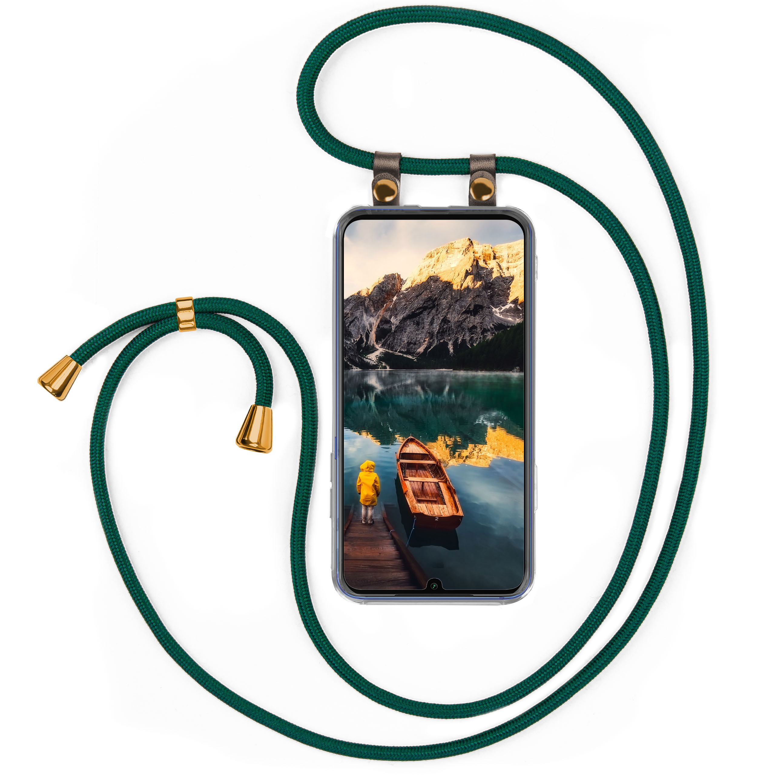 Telefon mit See-Bild, grüner Riemen mit goldenen Akzenten. Weißer Hintergrund.